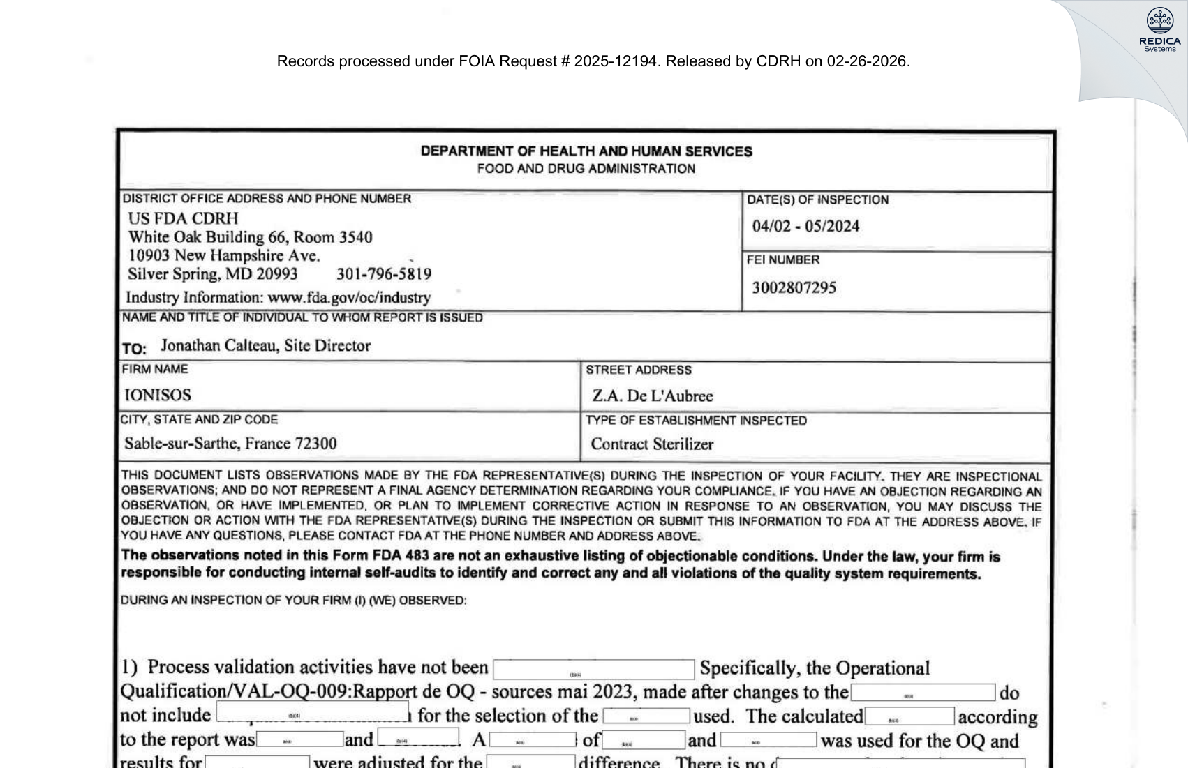 FDA 483 - Ionisos S.A.S. [Sablé-Sur-Sarthe / France] - Download PDF - Redica Systems