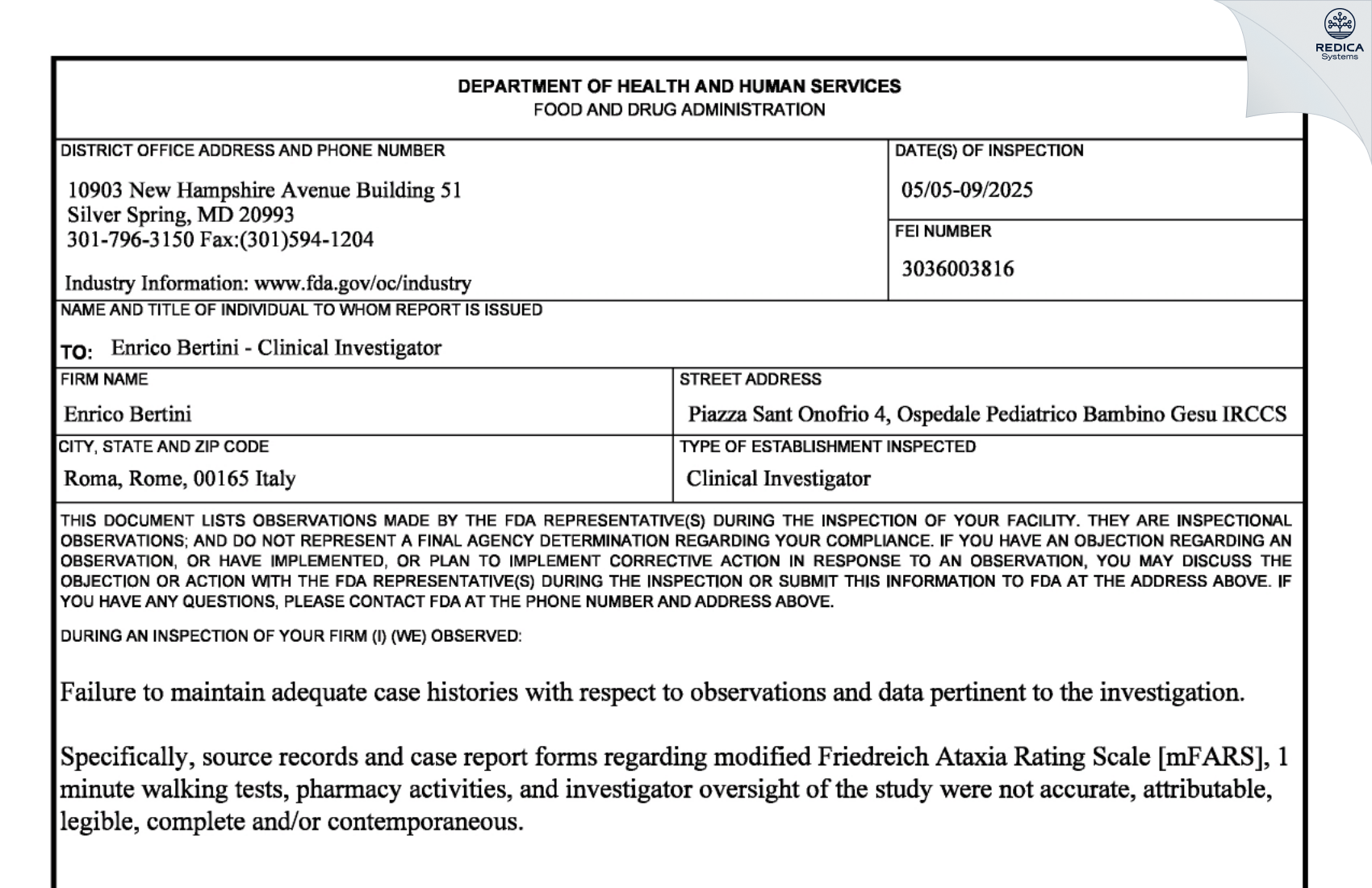 FDA 483 - Enrico Bertini MD [Roma / Italy] - Download PDF - Redica Systems