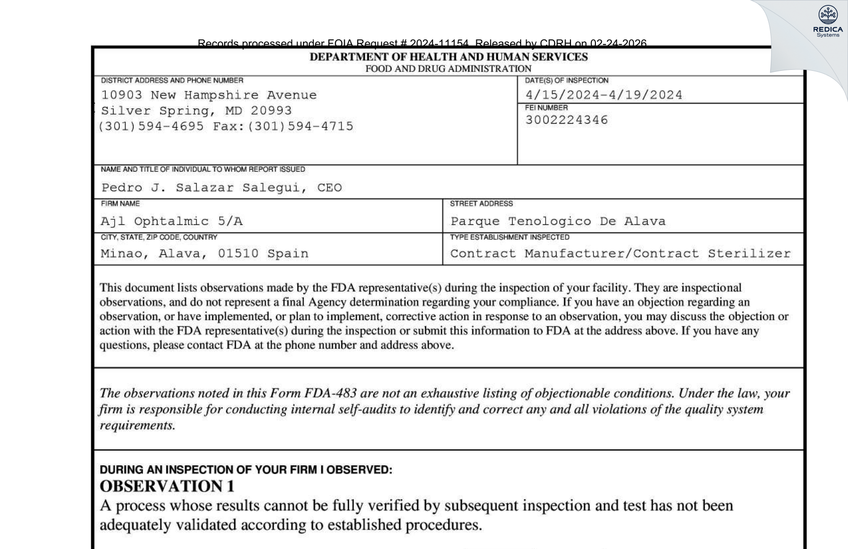 FDA 483 - AJL Ophthalmic S.A [Vitoria-Gasteiz / Spain] - Download PDF - Redica Systems