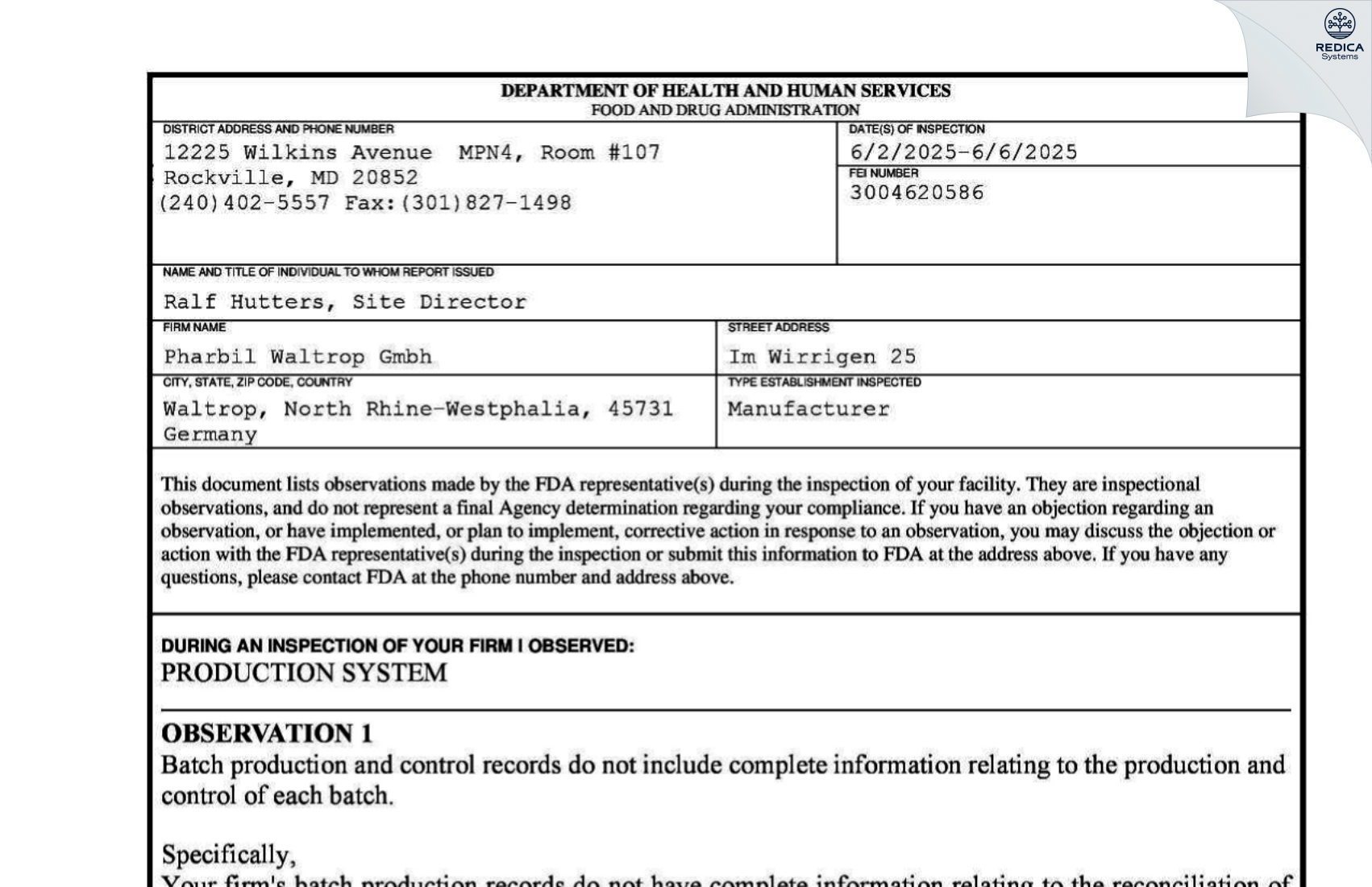 FDA 483 - Pharbil Waltrop GmbH [Waltrop / Germany] - Download PDF - Redica Systems