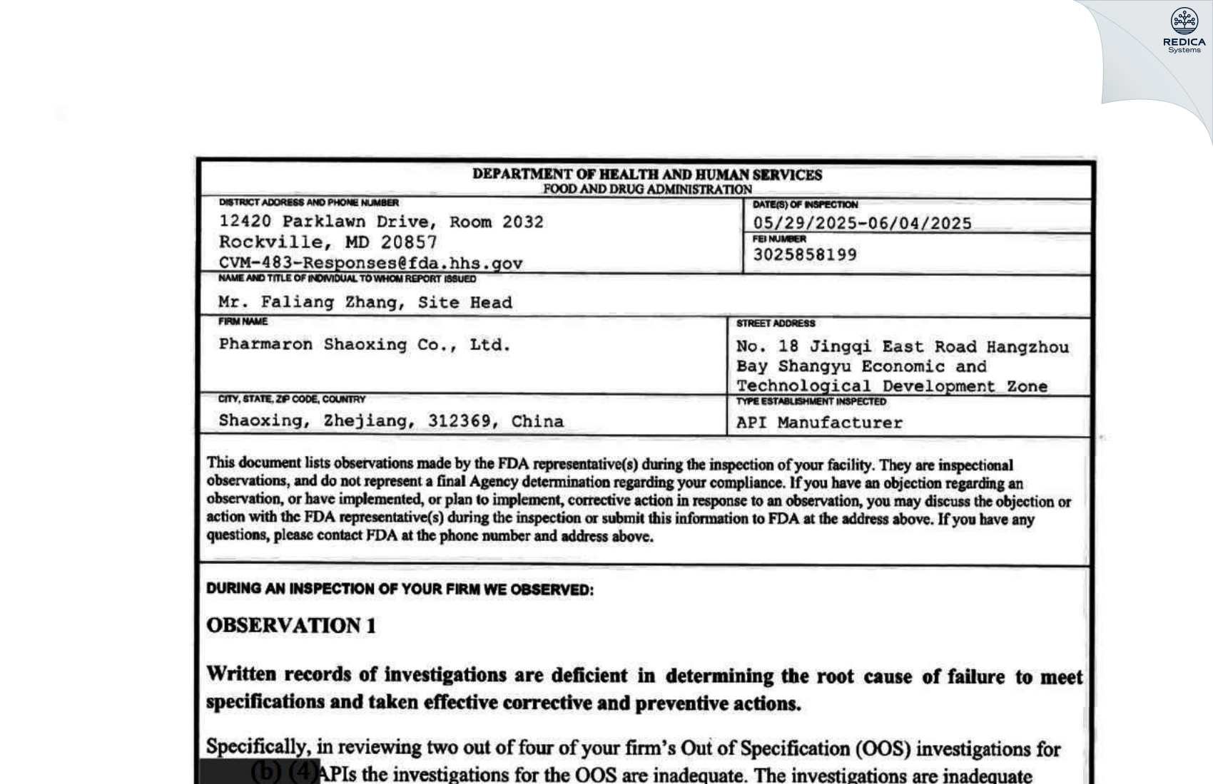 FDA 483 - Pharmaron Shaoxing Co Ltd [Hangzhou / China] - Download PDF - Redica Systems