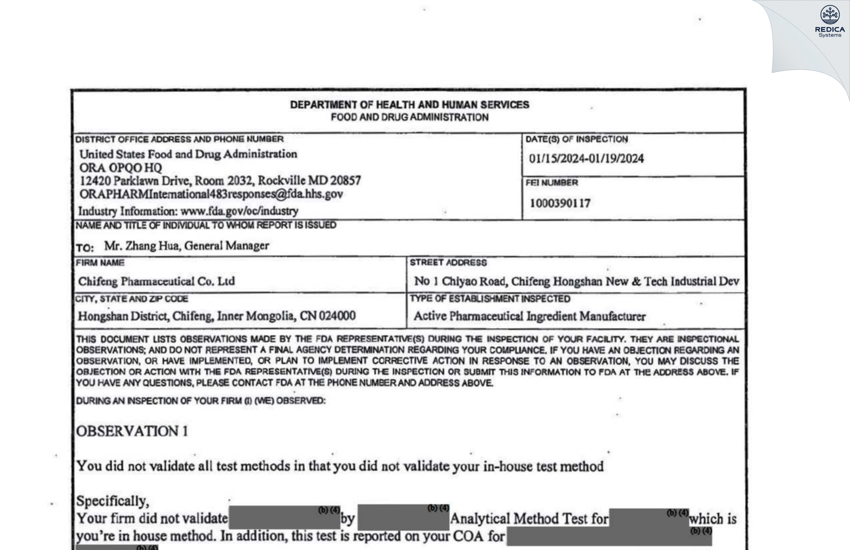 FDA 483 - Chifeng Pharmaceutical Co. Ltd [Chifeng / China] - Download PDF - Redica Systems
