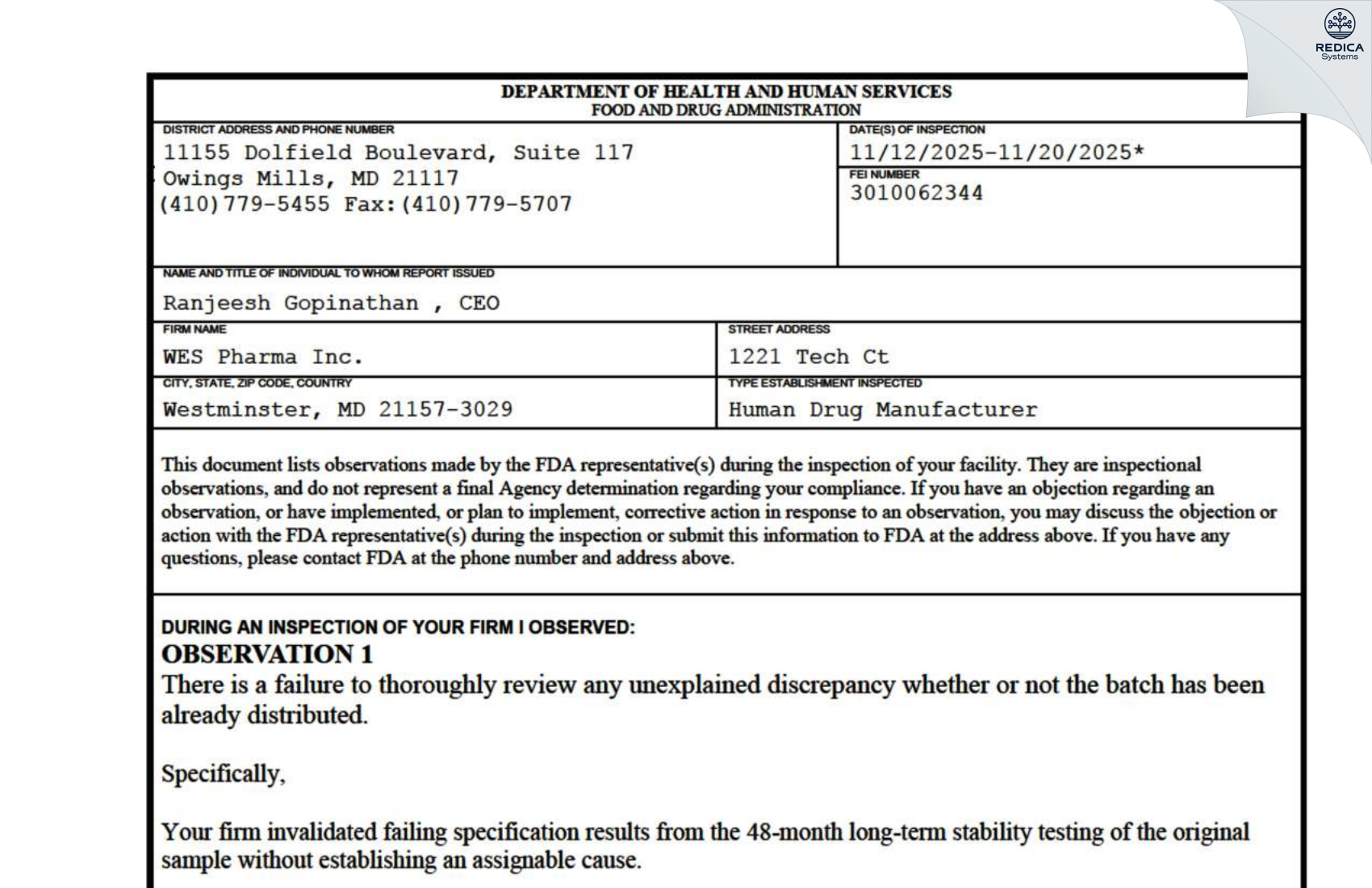 FDA 483 - WES PHARMA INC [Westminster / United States of America] - Download PDF - Redica Systems