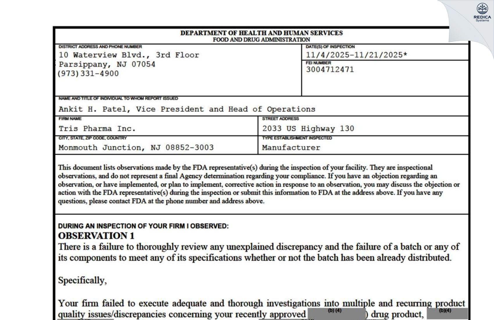 FDA 483 - Tris Pharma Inc [Monmouth Junction / United States of America] - Download PDF - Redica Systems