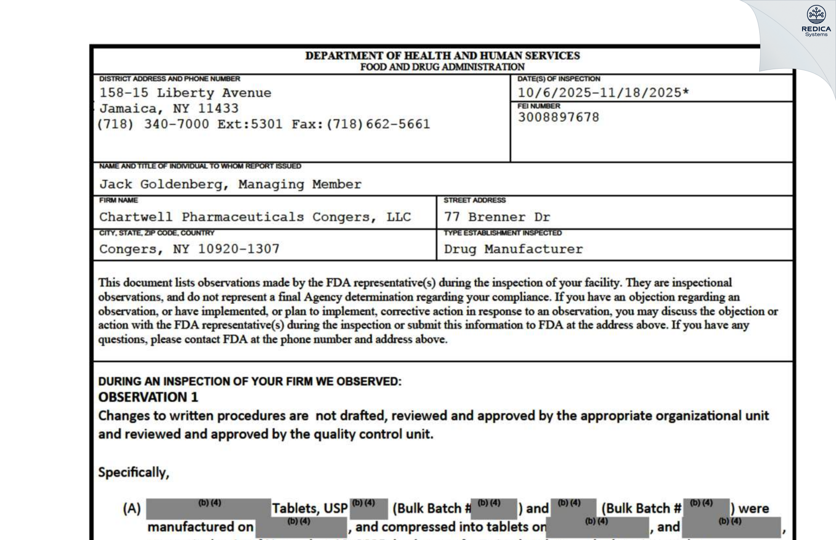 FDA 483 - Chartwell Pharmaceuticals Congers, LLC. [Congers / United States of America] - Download PDF - Redica Systems