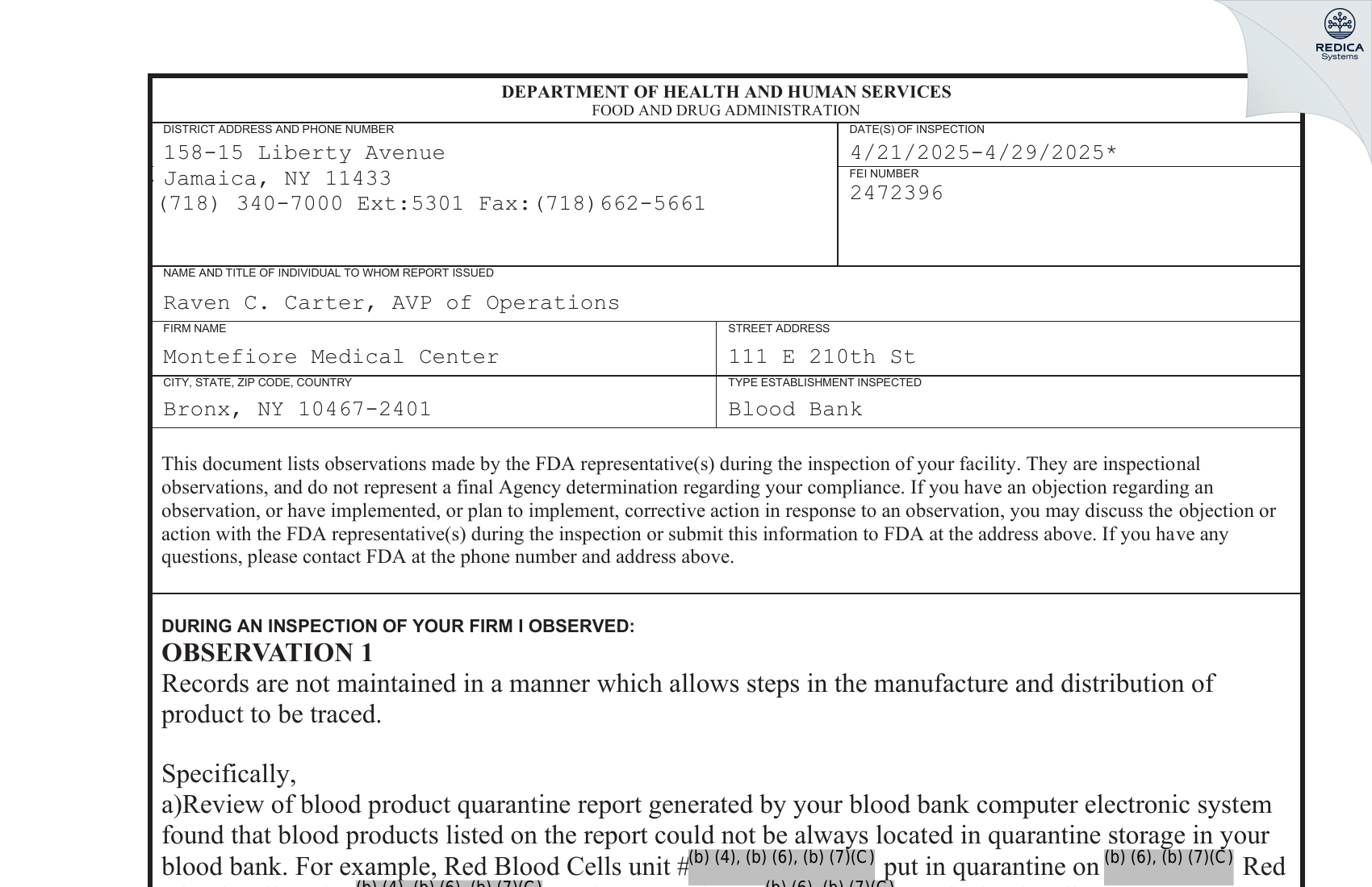 FDA 483 - Montefiore Medical Center [Bronx / United States of America] - Download PDF - Redica Systems