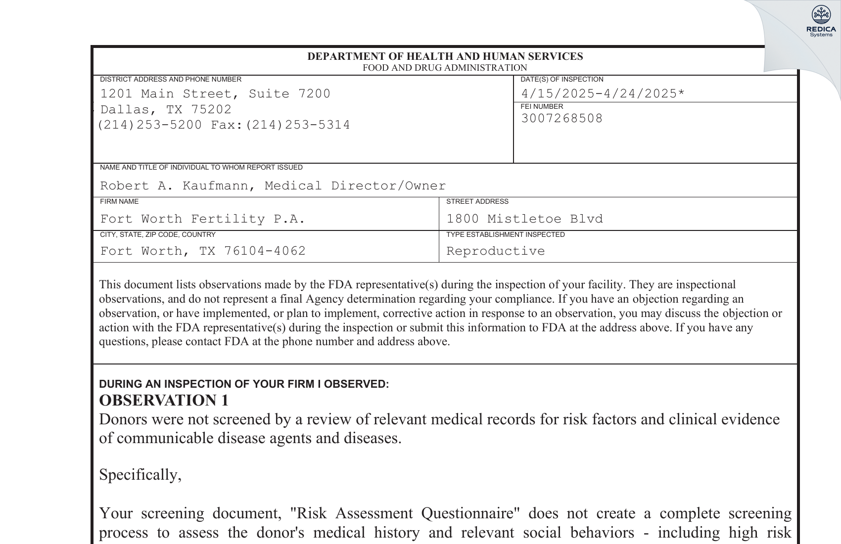 FDA 483 - Fort Worth Fertility P.A. [Fort Worth / United States of America] - Download PDF - Redica Systems