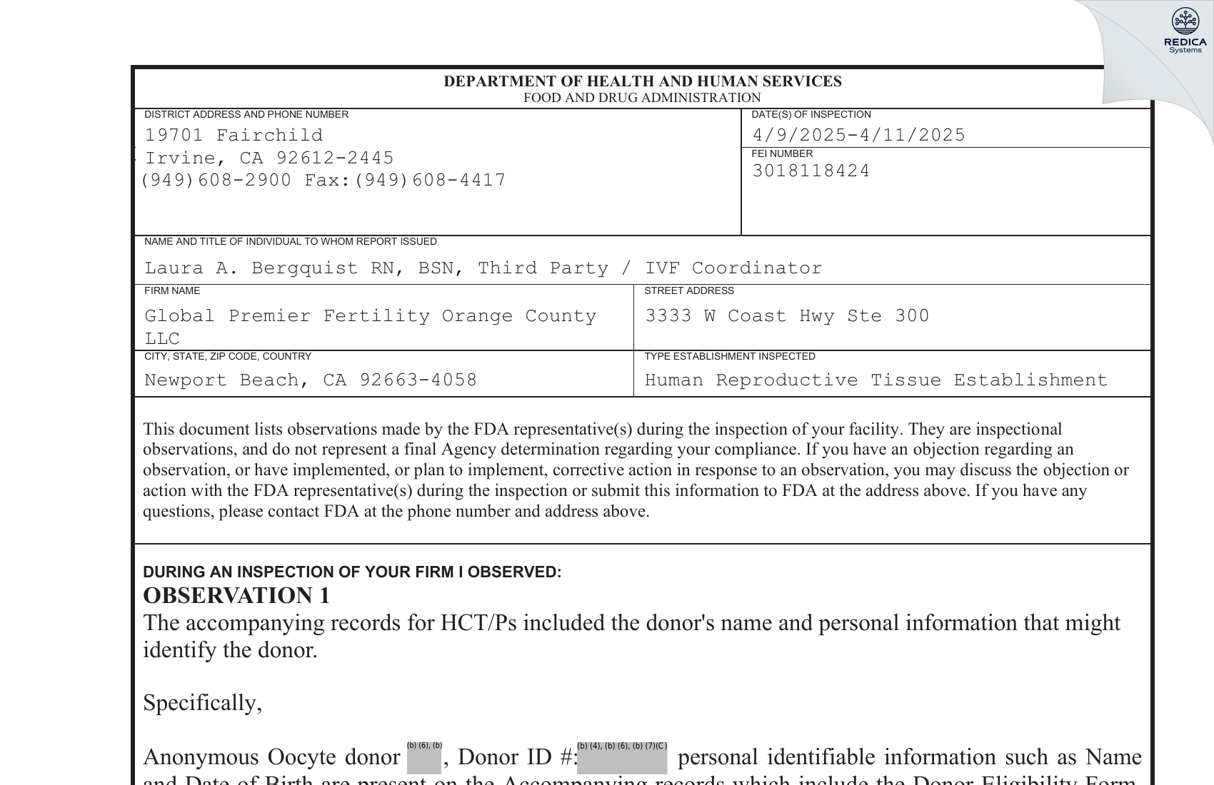 FDA 483 - Global Premier Fertility Orange County LLC [Newport Beach / United States of America] - Download PDF - Redica Systems