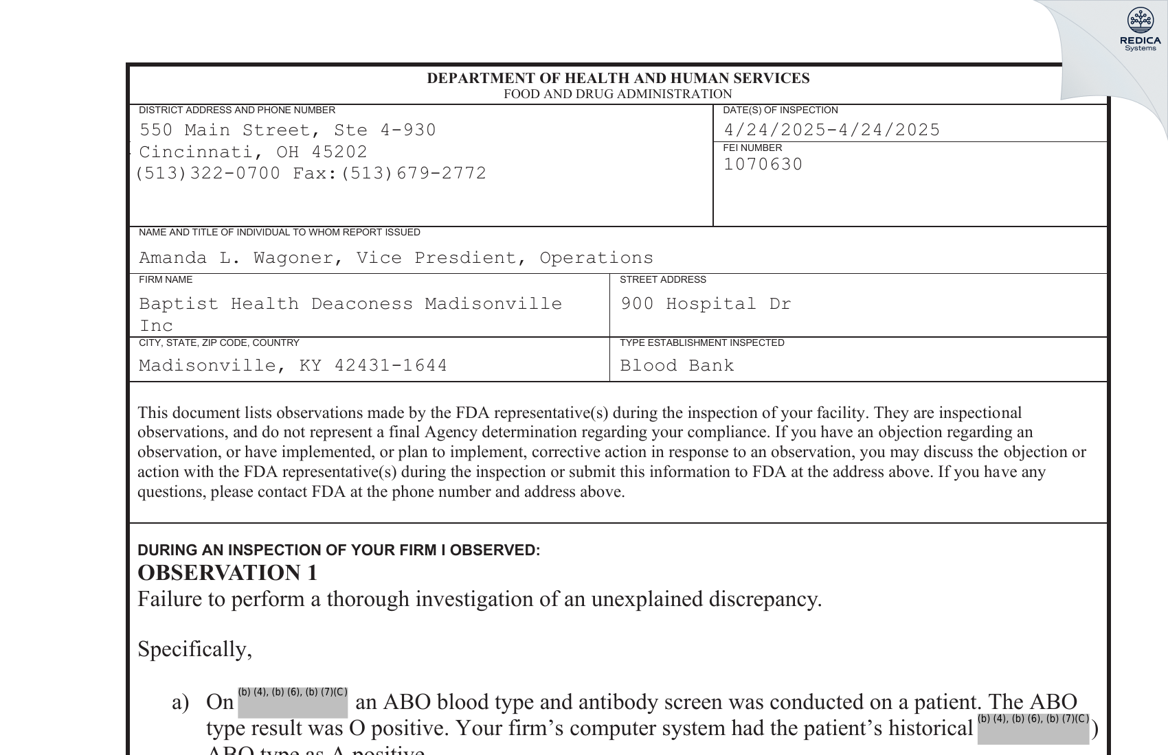 FDA 483 - Baptist Health Deaconess Madisonville Inc [Madisonville / United States of America] - Download PDF - Redica Systems
