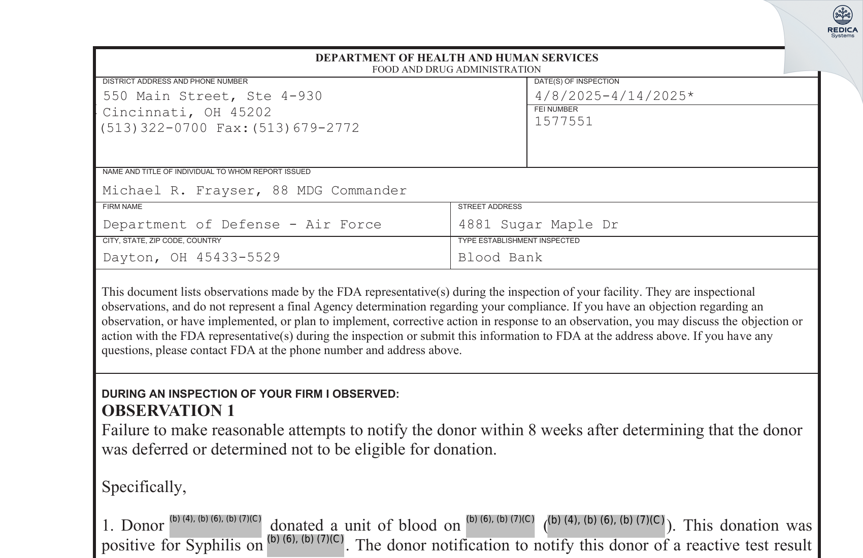 FDA 483 - Department of Air Force 88th Medical Group SGQC WPAFB [Dayton / United States of America] - Download PDF - Redica Systems