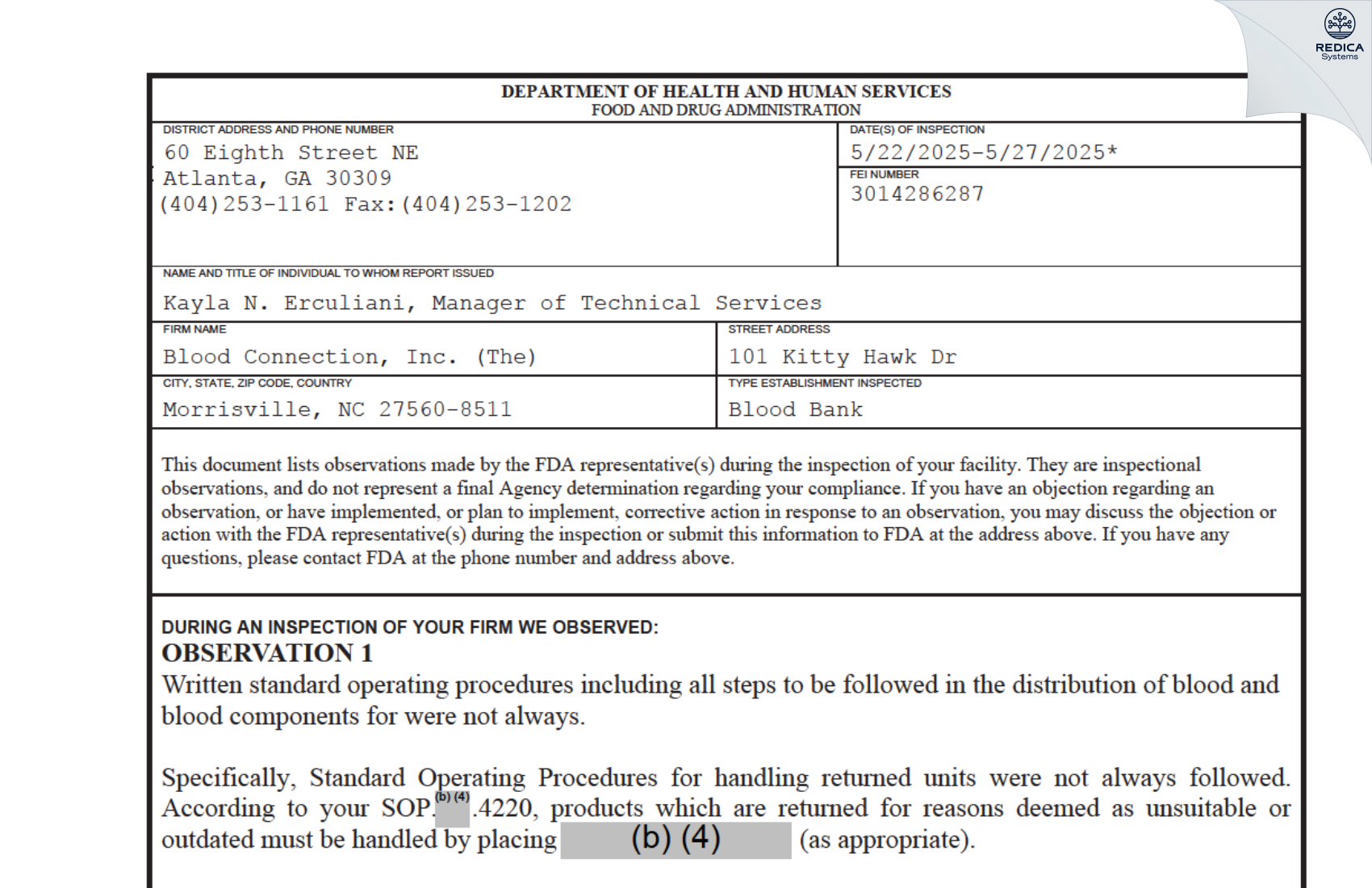 FDA 483 - Blood Connection, Inc. (The) [Morrisville / United States of America] - Download PDF - Redica Systems