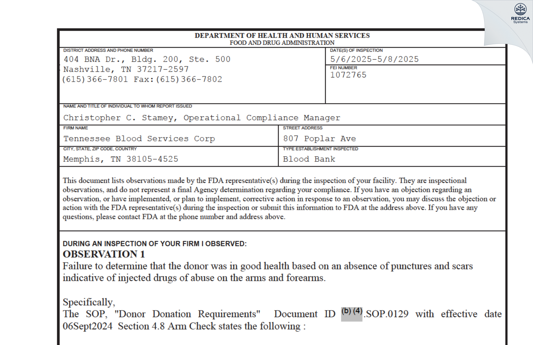 FDA 483 - Tennessee Blood Services Corp [Memphis / United States of America] - Download PDF - Redica Systems