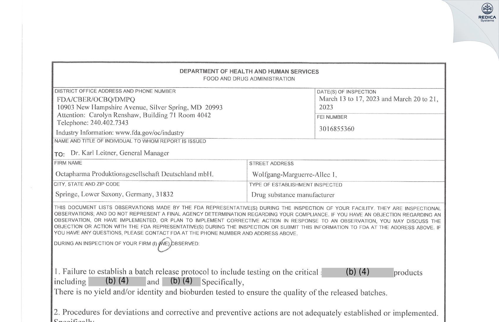 FDA 483 - Octapharma Produktionsgesellschaft Deutschland mbH [Springe / Germany] - Download PDF - Redica Systems