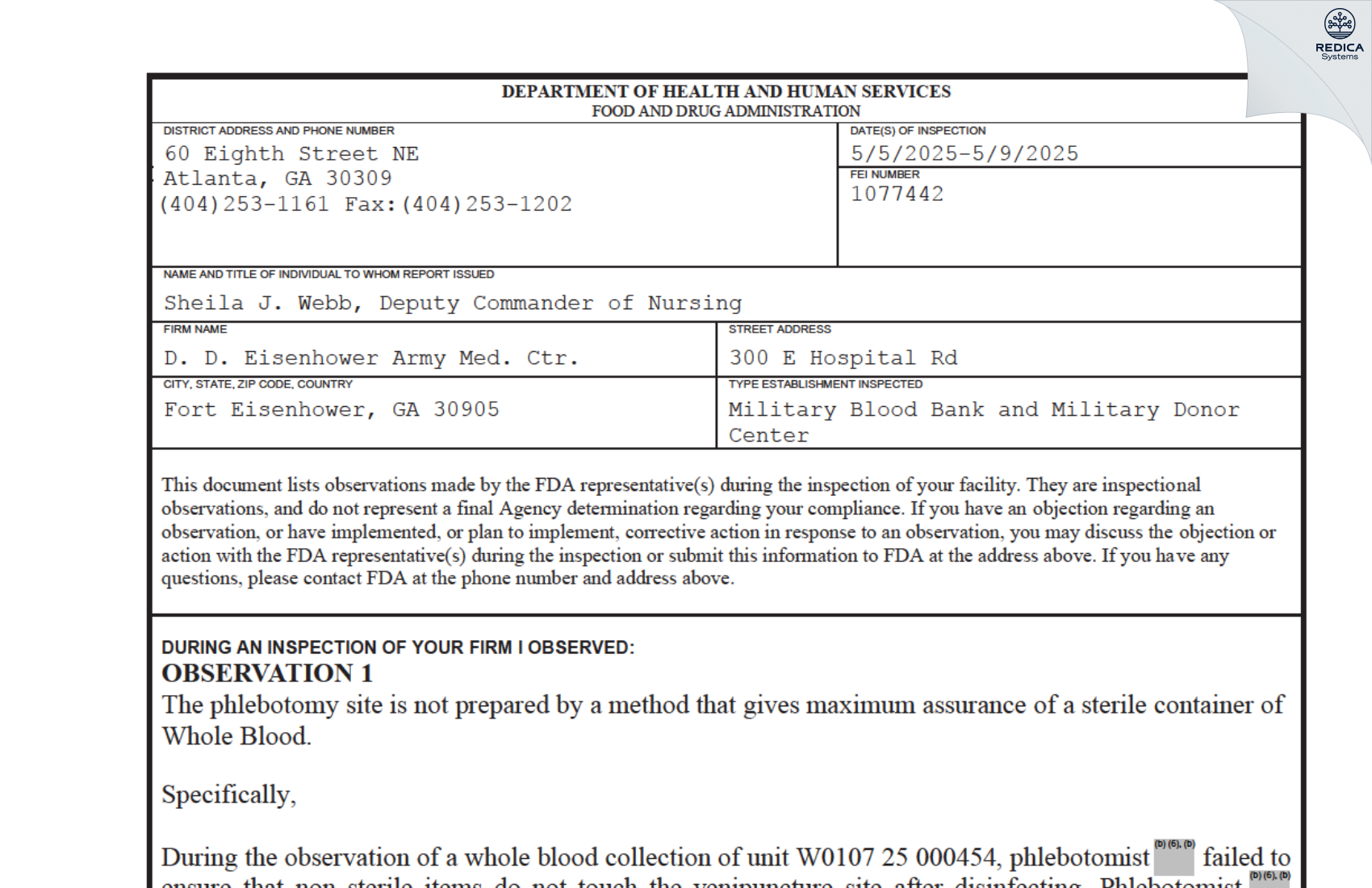 FDA 483 - D. D. Eisenhower Army Med. Ctr. - Blood Bank [Augusta / United States of America] - Download PDF - Redica Systems