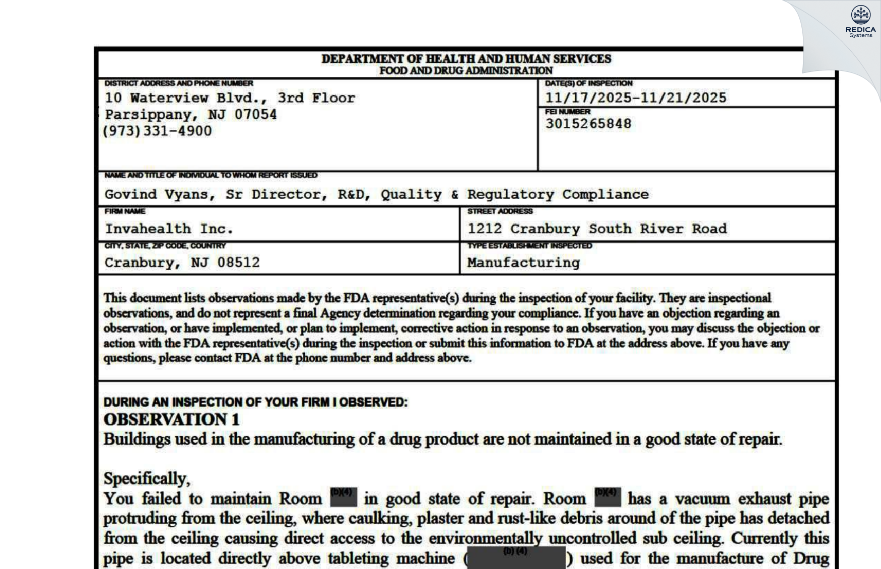 FDA 483 - INVAHEALTH INC. [Cranbury / United States of America] - Download PDF - Redica Systems