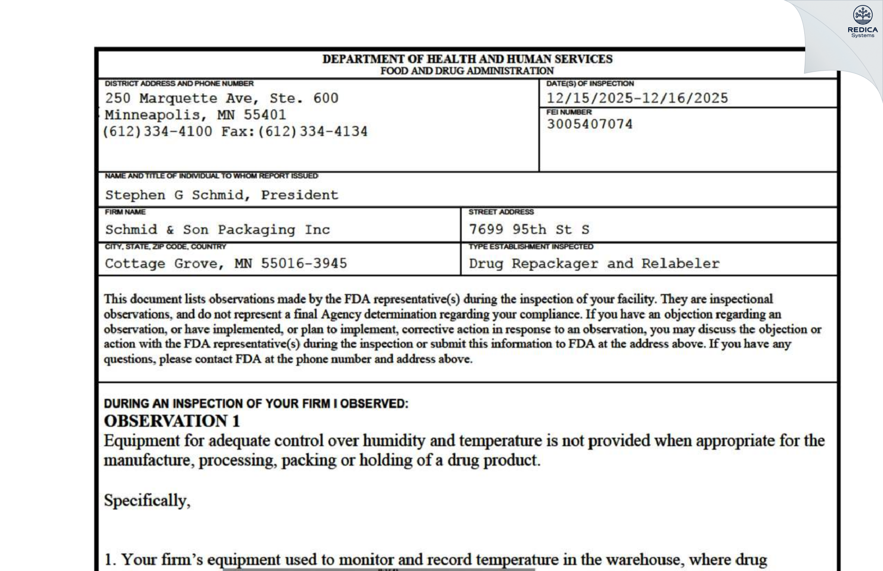 FDA 483 - Schmid & Son Packaging Inc [Cottage Grove / United States of America] - Download PDF - Redica Systems