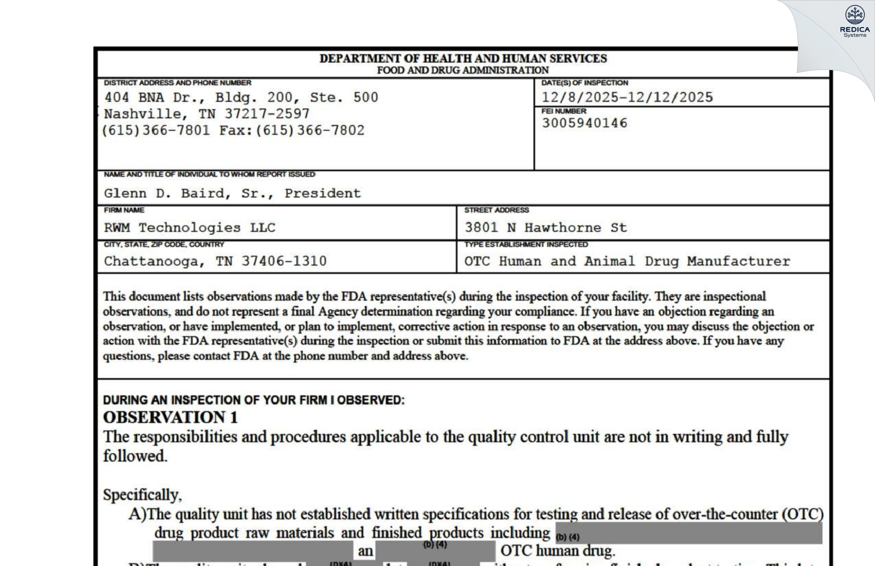 FDA 483 - RWM TECHNOLOGIES LLC [Chattanooga / United States of America] - Download PDF - Redica Systems