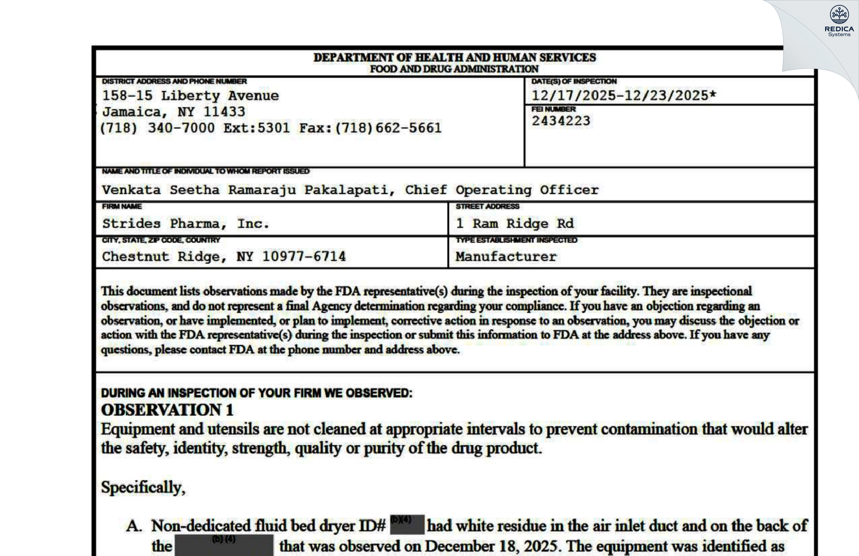 FDA 483 - Strides Pharma, Inc [Spring Valley / United States of America] - Download PDF - Redica Systems