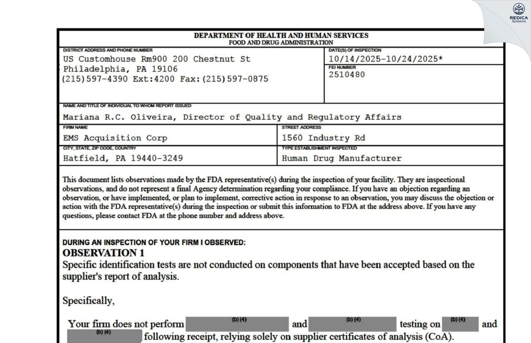 FDA 483 - EMS ACQUISITION CORP. [Hatfield / United States of America] - Download PDF - Redica Systems