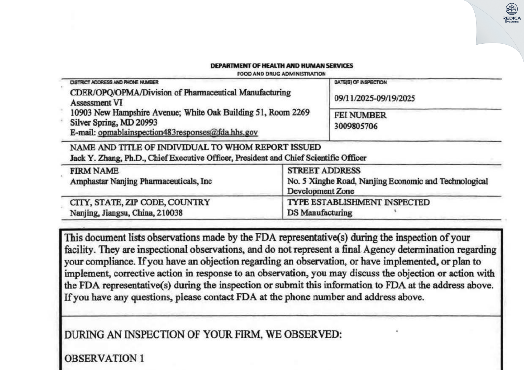 FDA 483 - Amphastar Nanjing Pharmaceuticals Inc. [Nanjing / China] - Download PDF - Redica Systems