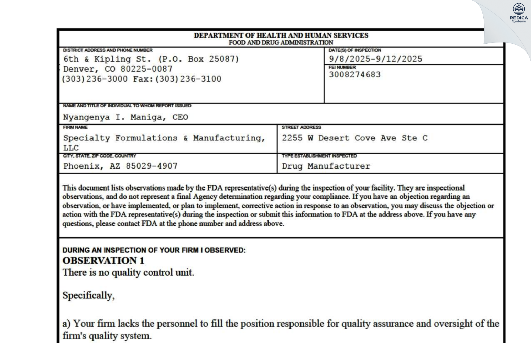 FDA 483 - Specialty Formulations and Manufacturing LLC [Phoenix / United States of America] - Download PDF - Redica Systems