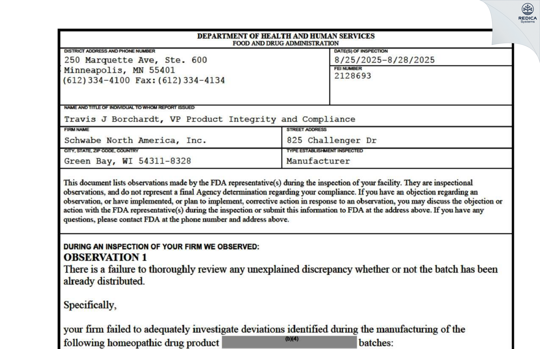 FDA 483 - Schwabe North America, Inc. [Green Bay / United States of America] - Download PDF - Redica Systems
