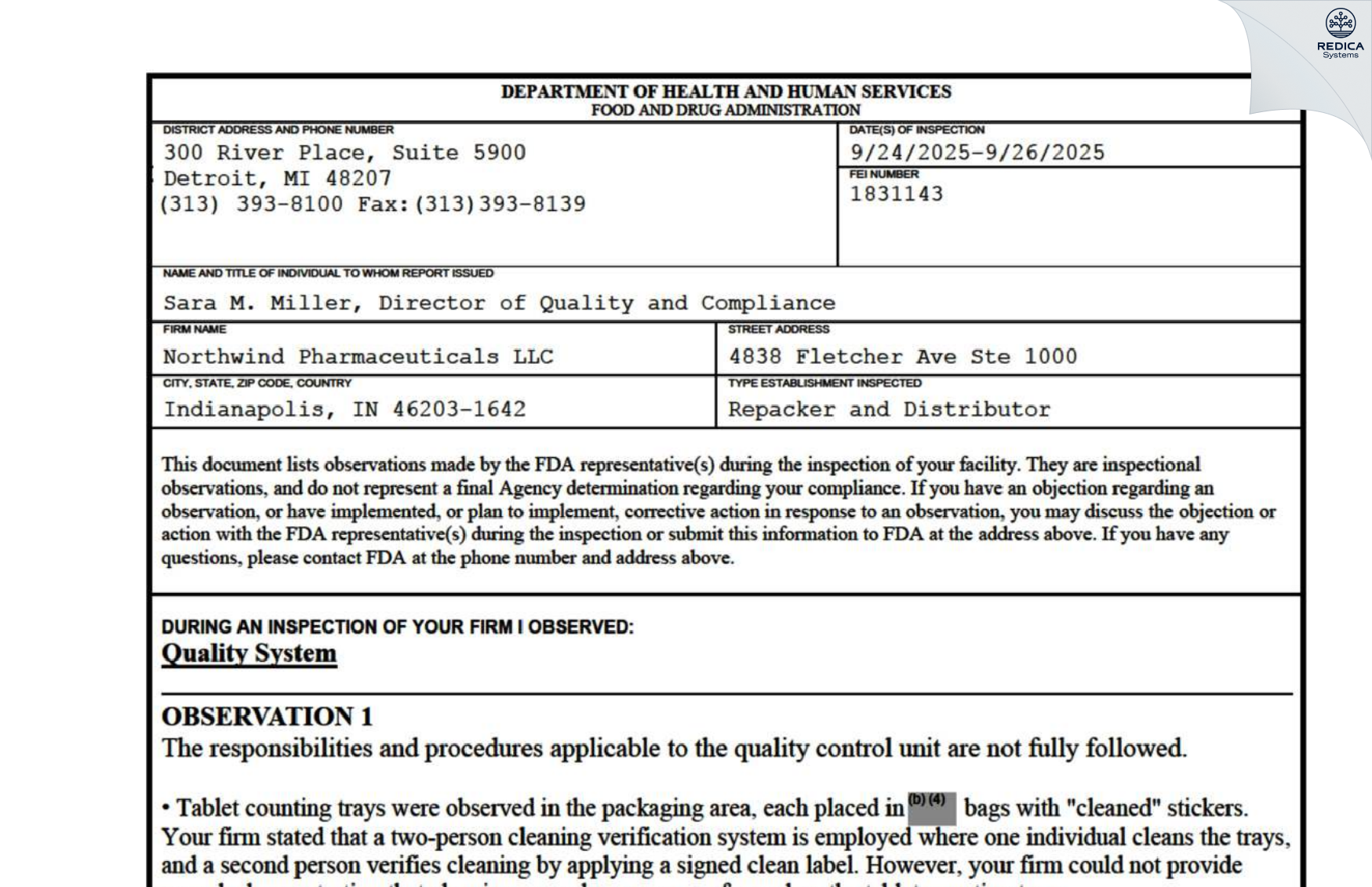 FDA 483 - Northwind Pharmaceuticals, LLC [Indianapolis / United States of America] - Download PDF - Redica Systems