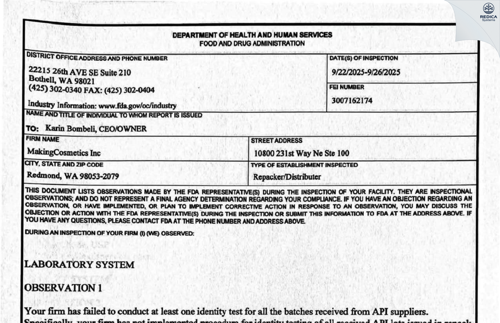 FDA 483 - MakingCosmetics Inc. [Redmond / United States of America] - Download PDF - Redica Systems
