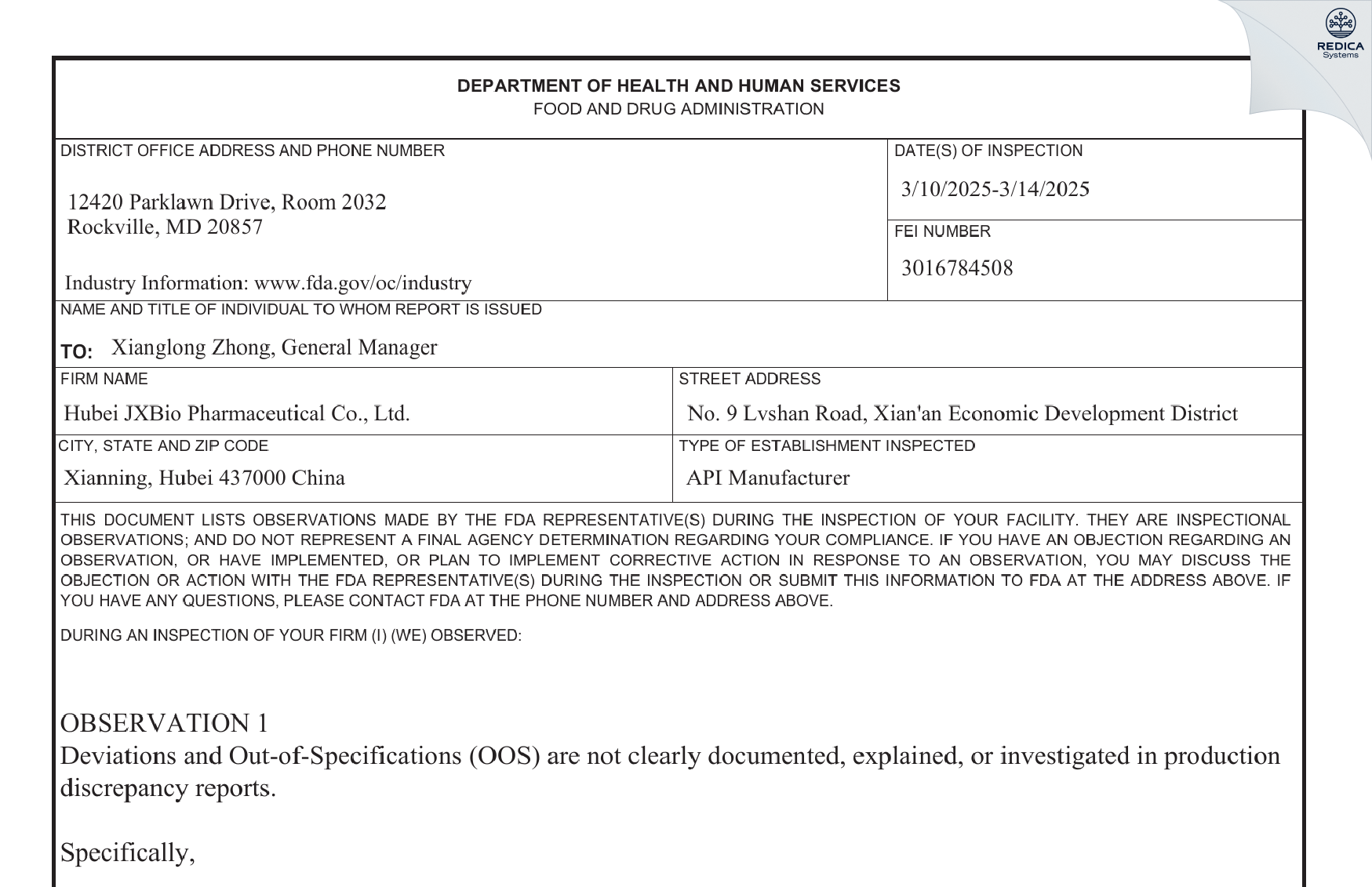 FDA 483 - Hubei JXBio Pharmaceutical Co.,Ltd [Xianning / China] - Download PDF - Redica Systems