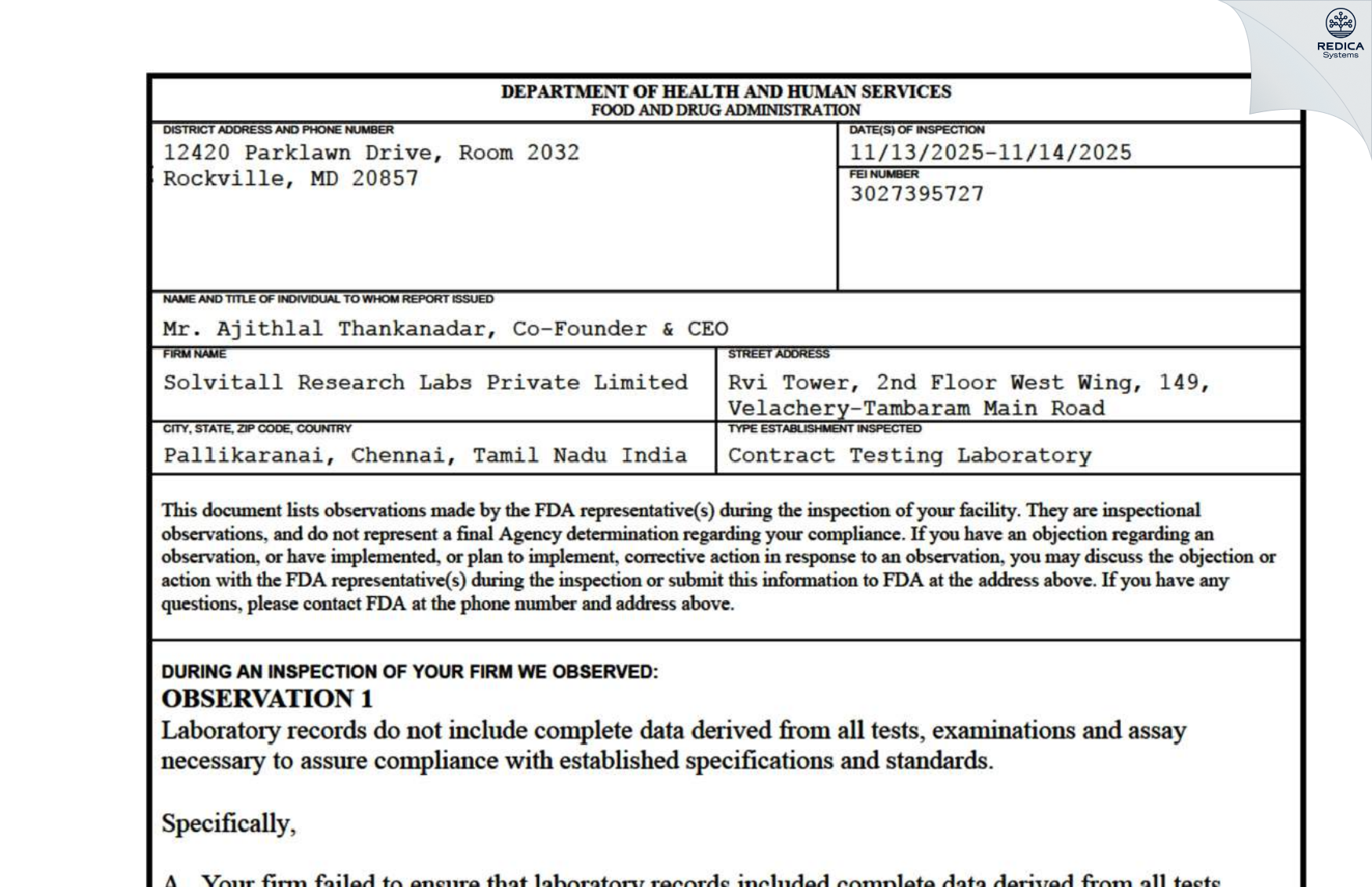 FDA 483 - Solvitall Research Labs Private Limited [Chennai / India] - Download PDF - Redica Systems