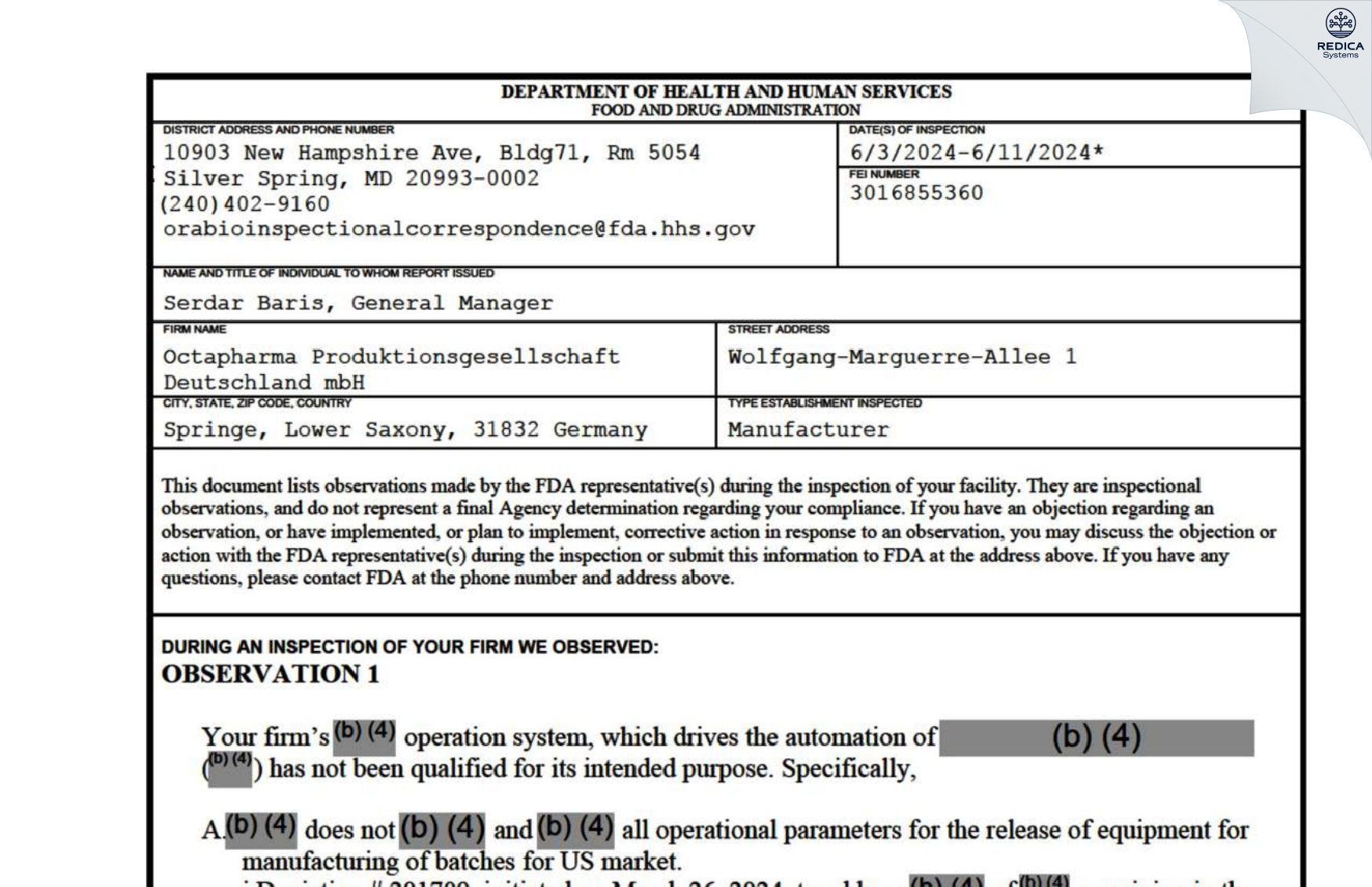FDA 483 - Octapharma Produktionsgesellschaft Deutschland mbH [Springe / Germany] - Download PDF - Redica Systems