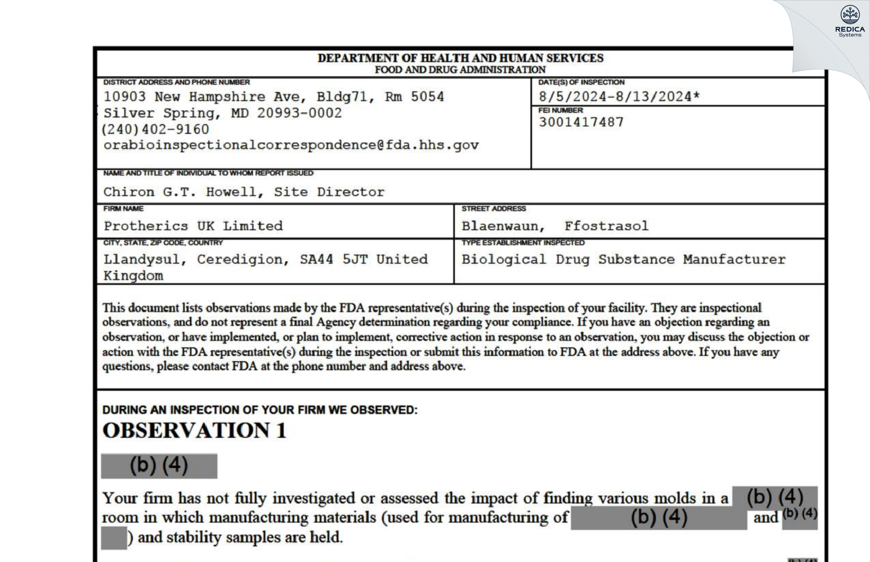 FDA 483 - Protherics UK Limited [Ceredigion / United Kingdom of Great Britain and Northern Ireland] - Download PDF - Redica Systems