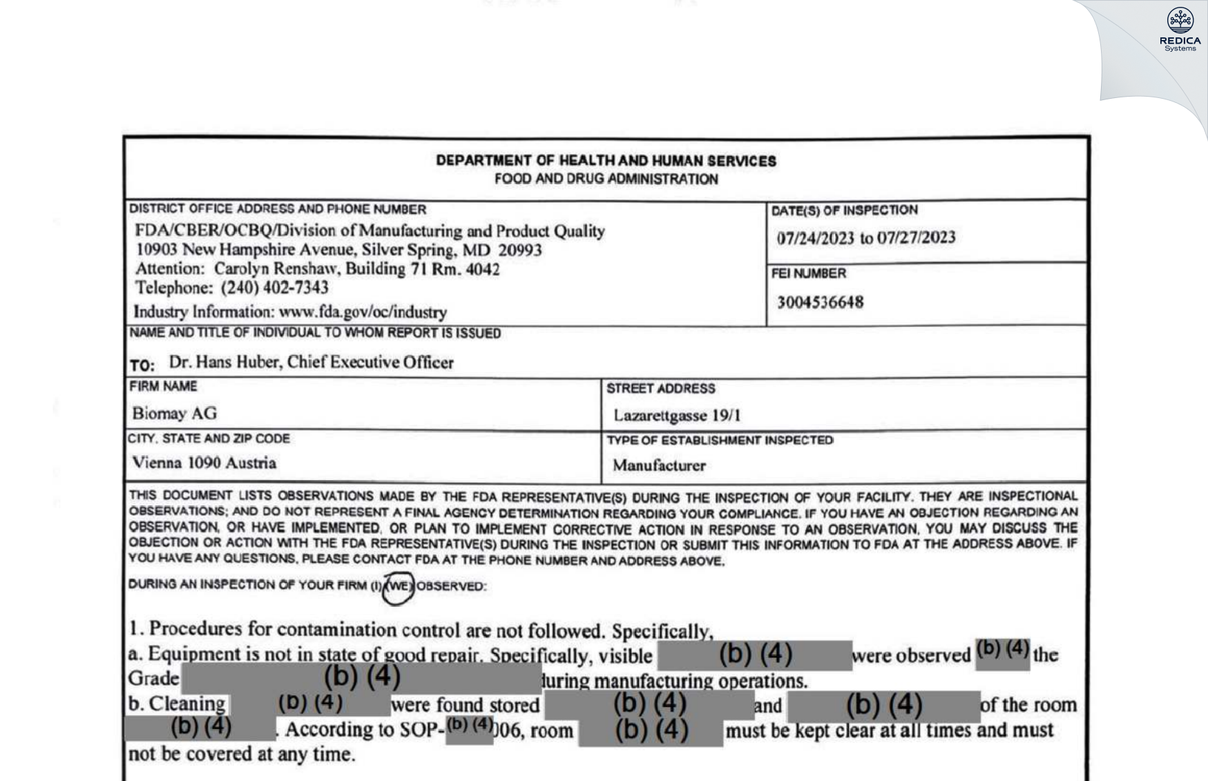 FDA 483 - Biomay Ag [Wien / Austria] - Download PDF - Redica Systems