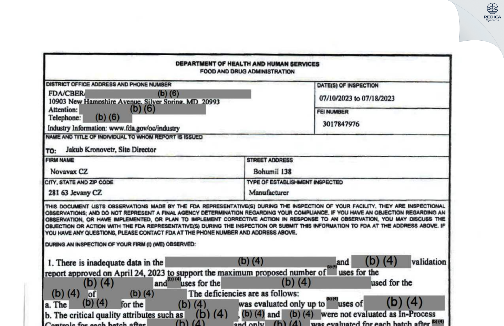 FDA 483 - NOVAVAX CZ a.s [Jevany / Czechia] - Download PDF - Redica Systems