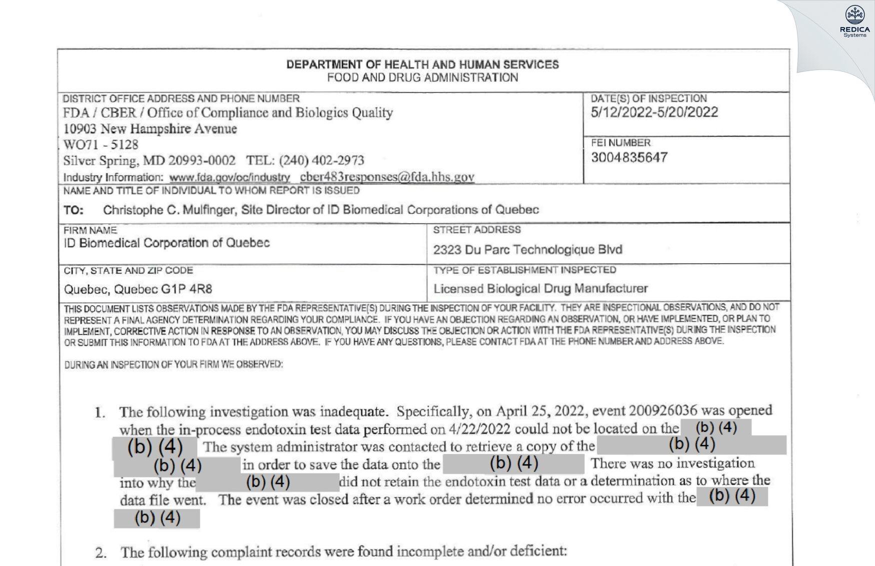 FDA 483 - ID Biomedical Corporation of Quebec [Quebec / Canada] - Download PDF - Redica Systems
