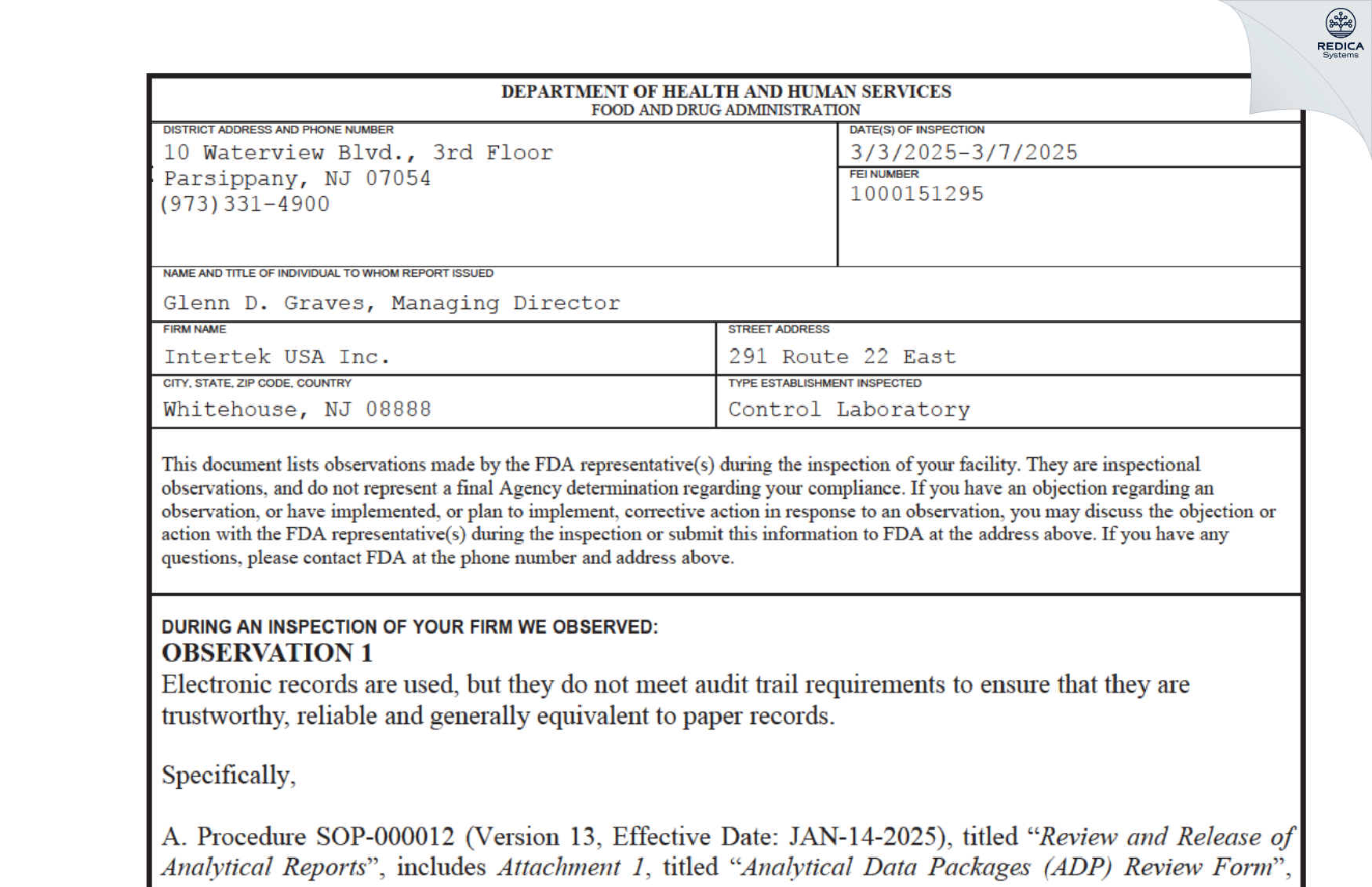 FDA 483 - Intertek USA, Inc. [Lebanon / United States of America] - Download PDF - Redica Systems