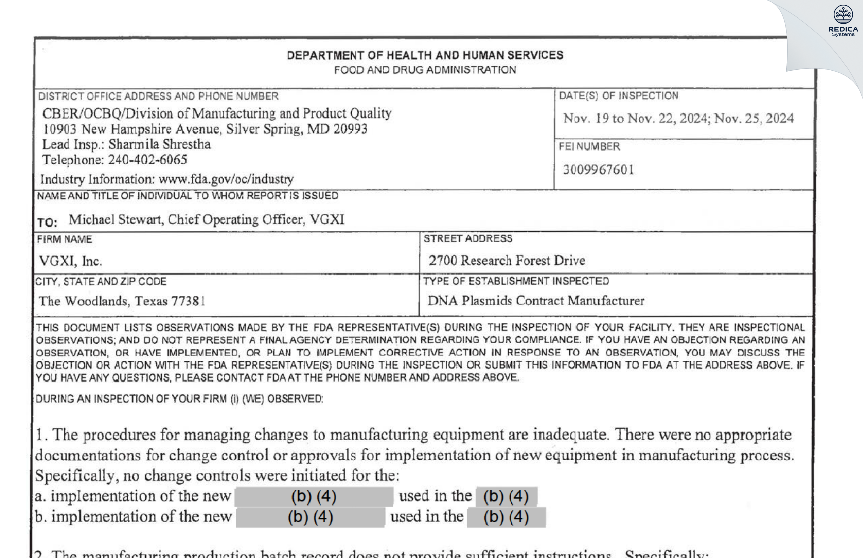 FDA 483 - VGXI, Inc. [Spring / United States of America] - Download PDF - Redica Systems