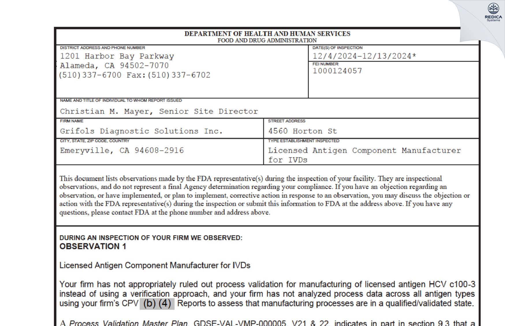 FDA 483 - Grifols Diagnostic Solutions Inc. [Emeryville / United States of America] - Download PDF - Redica Systems
