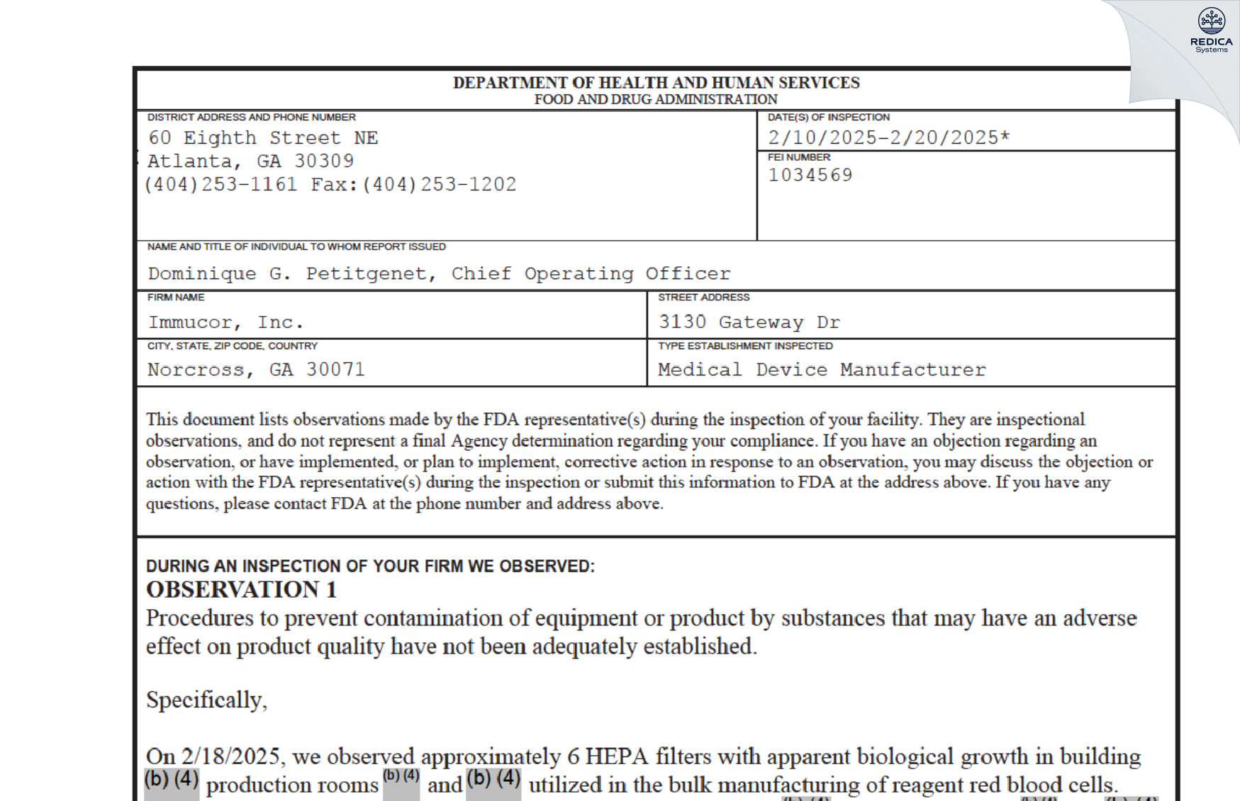 FDA 483 - Immucor Inc [Peachtree Corners / United States of America] - Download PDF - Redica Systems