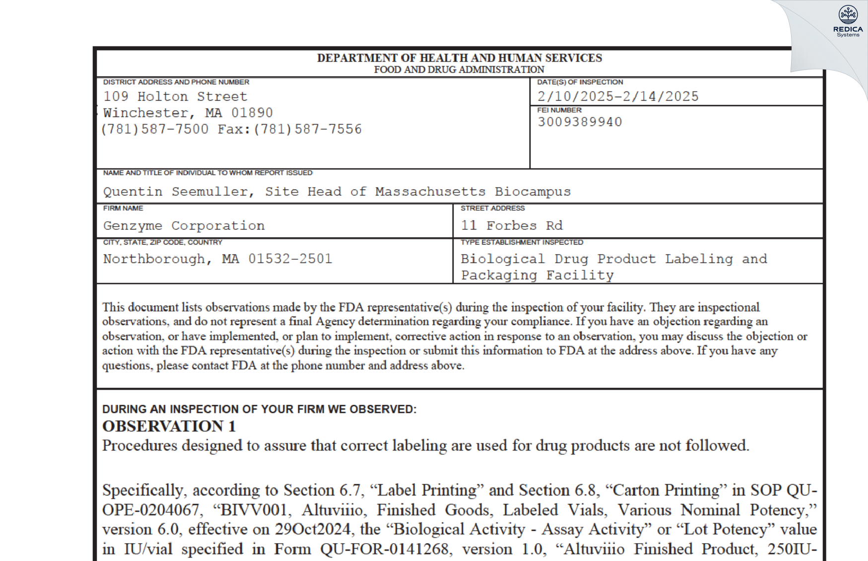 FDA 483 - Genzyme Corporation [Northborough / United States of America] - Download PDF - Redica Systems