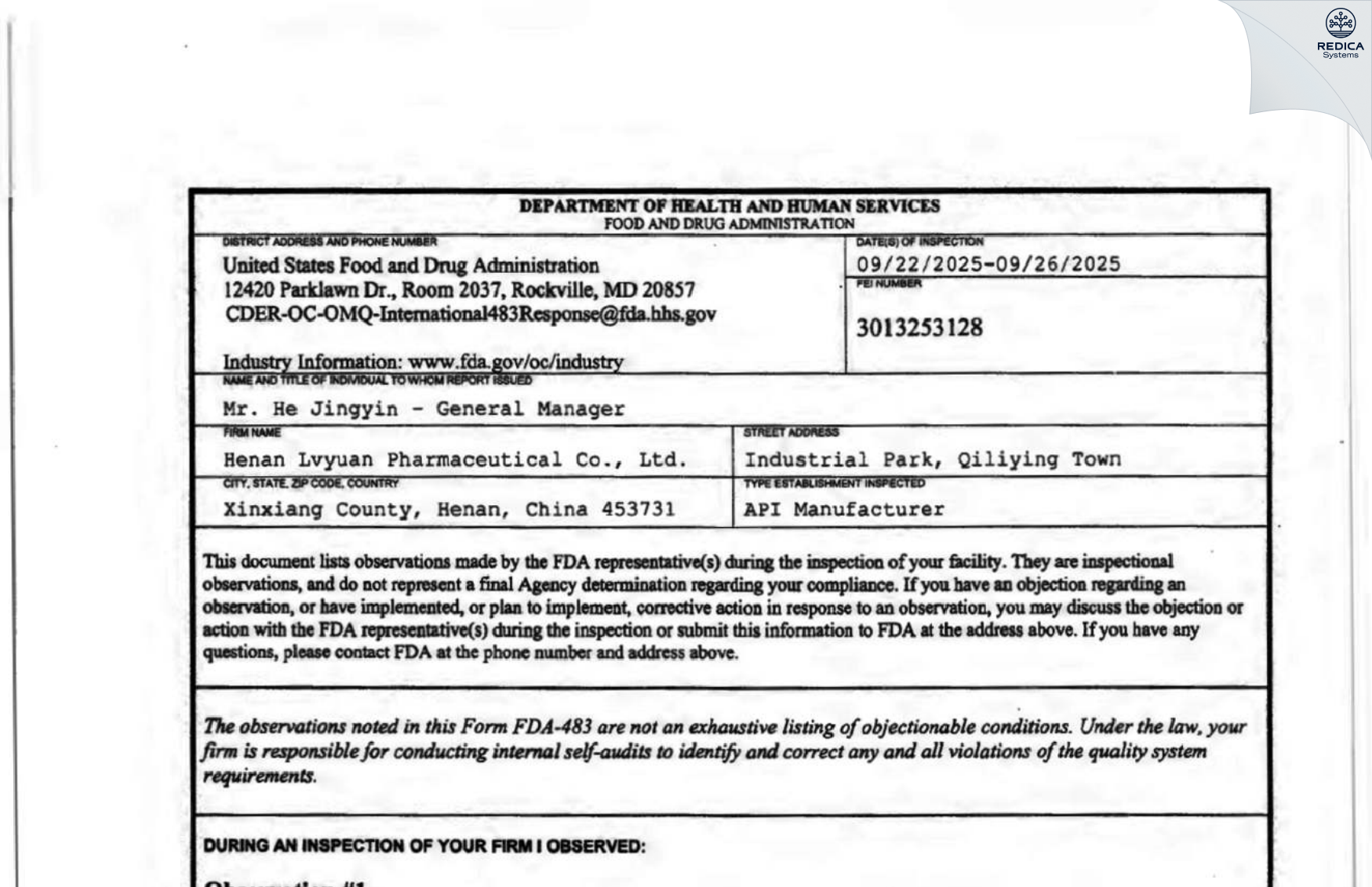 FDA 483 - Henan Lvyuan Pharmaceutical Company Limited [Xinxiang / China] - Download PDF - Redica Systems