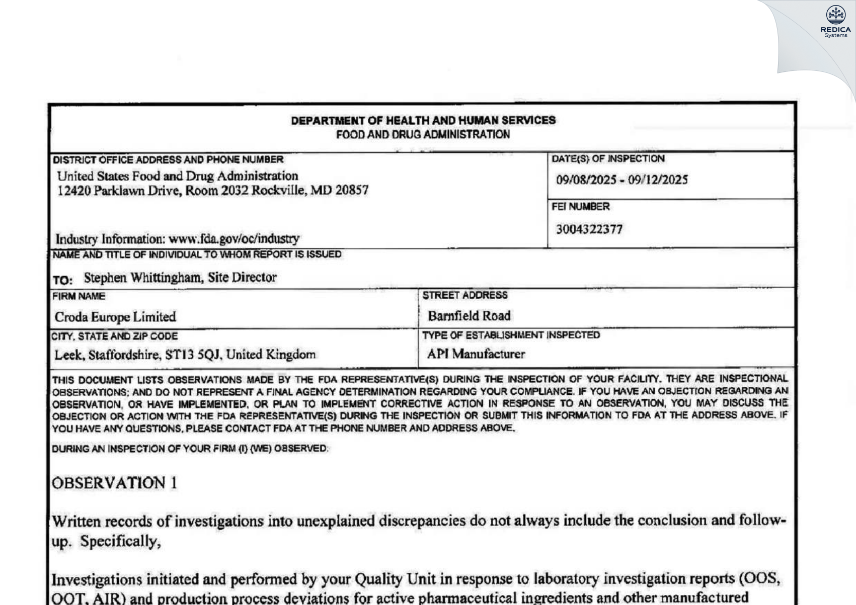 FDA 483 - Croda Europe Ltd. [Staffordshire Moorlands / United Kingdom of Great Britain and Northern Ireland] - Download PDF - Redica Systems