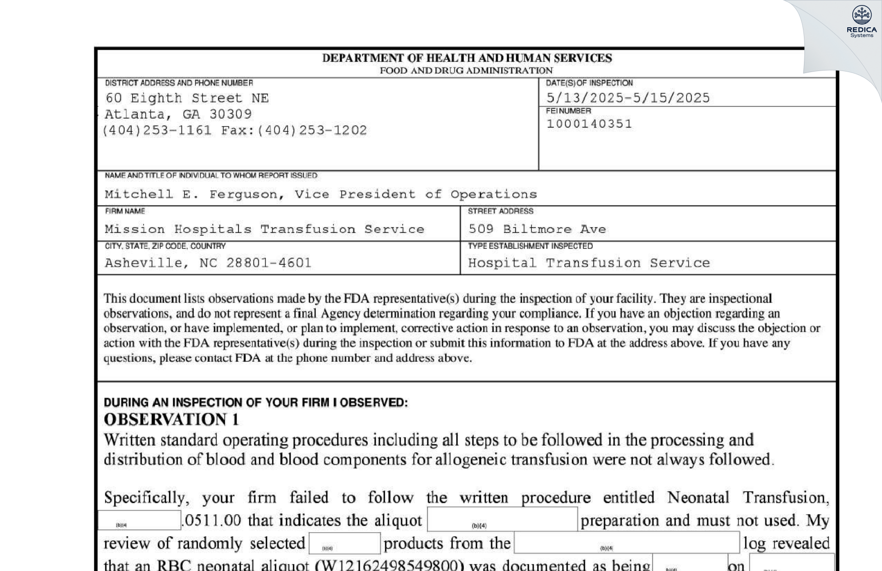 FDA 483 - Mission Hospitals Transfusion Service [Asheville / United States of America] - Download PDF - Redica Systems