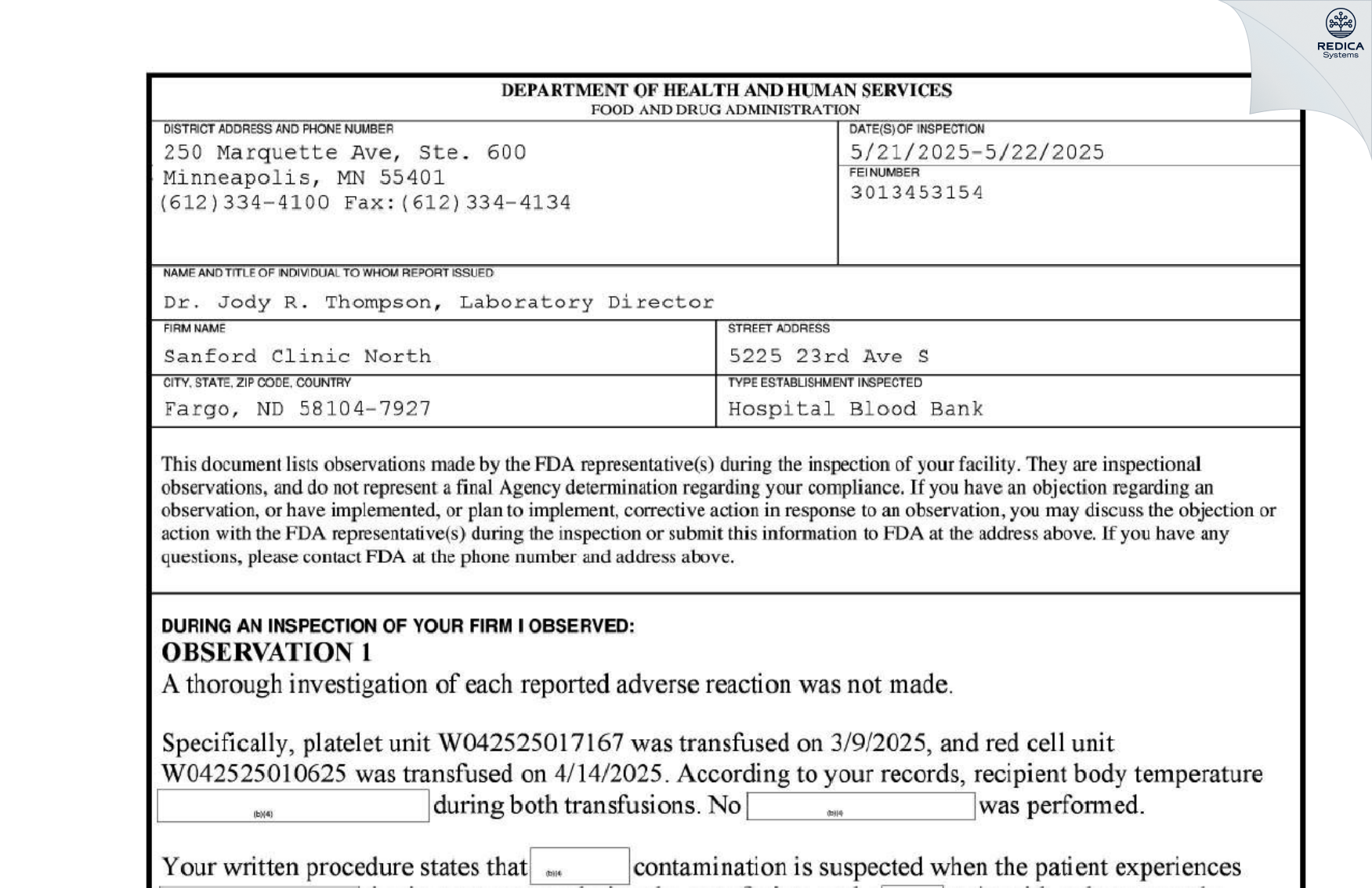 FDA 483 - Sanford Medical Center Fargo I-94 Clinic Lab [Fargo / United States of America] - Download PDF - Redica Systems