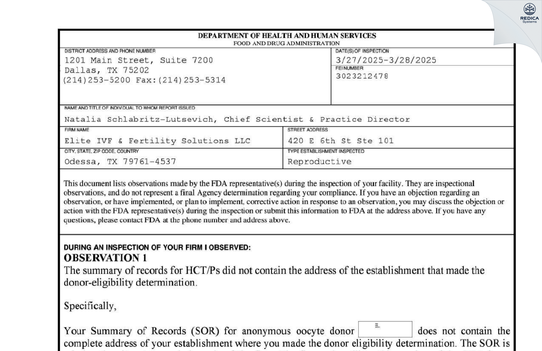 FDA 483 - Elite IVF & Fertility Solutions LLC [Odessa / United States of America] - Download PDF - Redica Systems