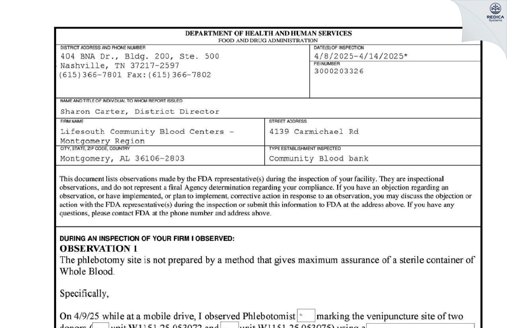 FDA 483 - Lifesouth Community Blood Centers - Montgomery Region [Montgomery / United States of America] - Download PDF - Redica Systems