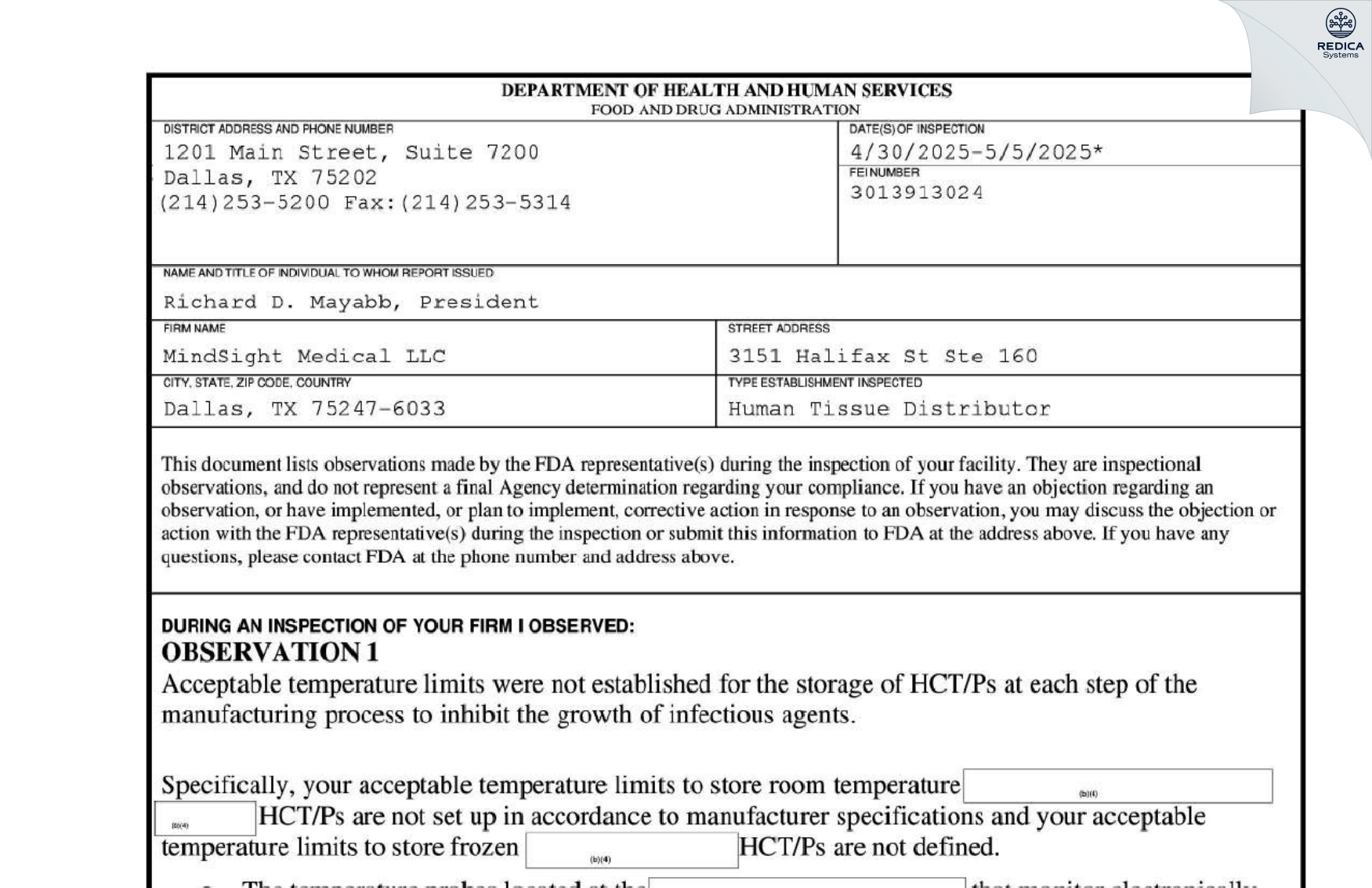 FDA 483 - MindSight Medical LLC [Dallas / United States of America] - Download PDF - Redica Systems