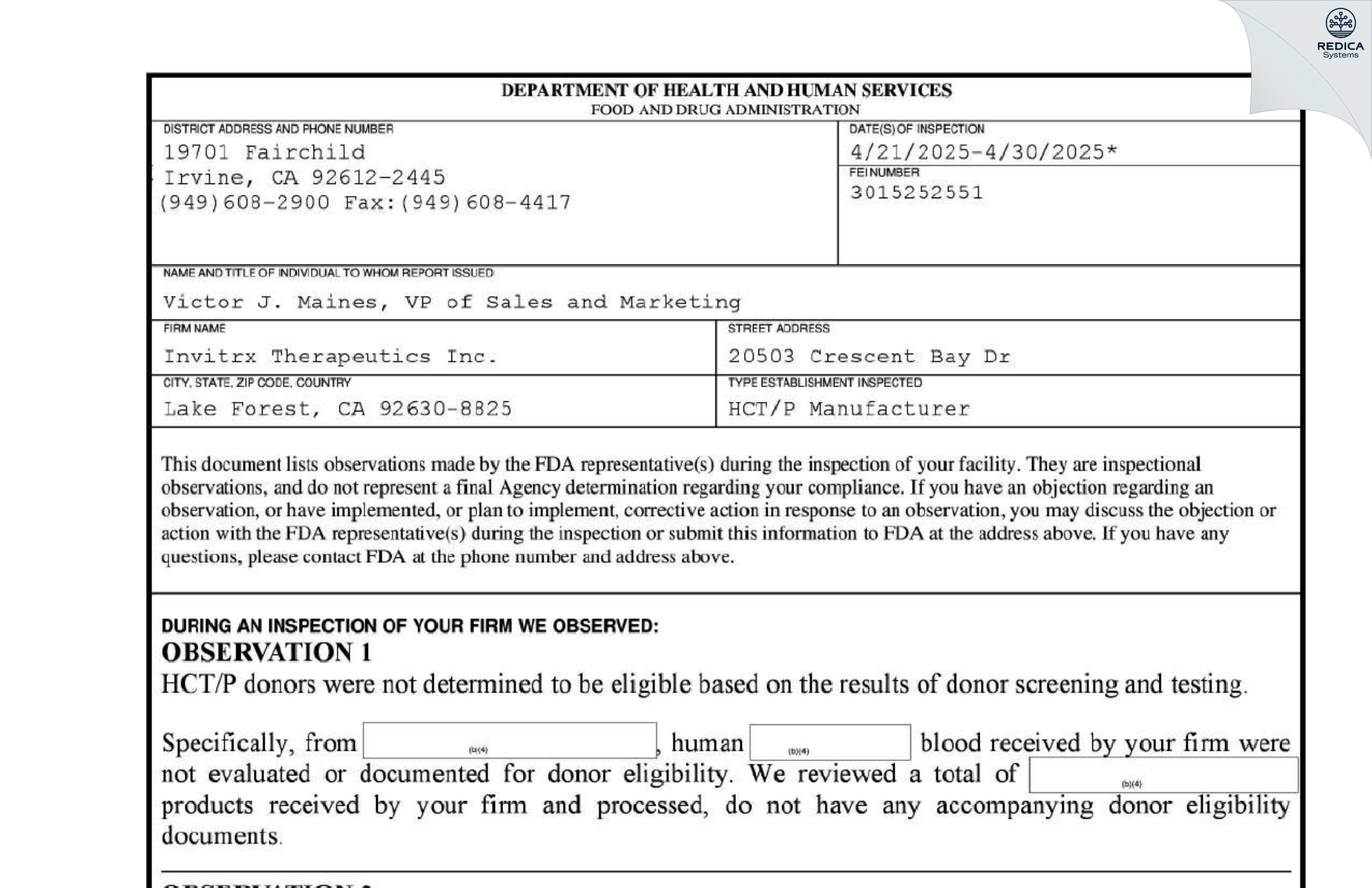 FDA 483 - Invitrx Therapeutics Inc. [Lake Forest / United States of America] - Download PDF - Redica Systems