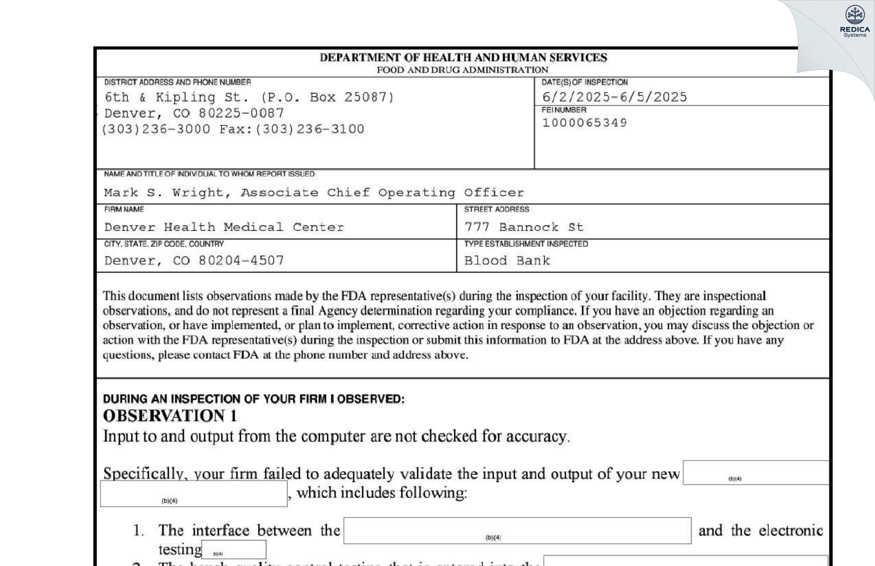 FDA 483 - Denver Health Medical Center [Denver / United States of America] - Download PDF - Redica Systems