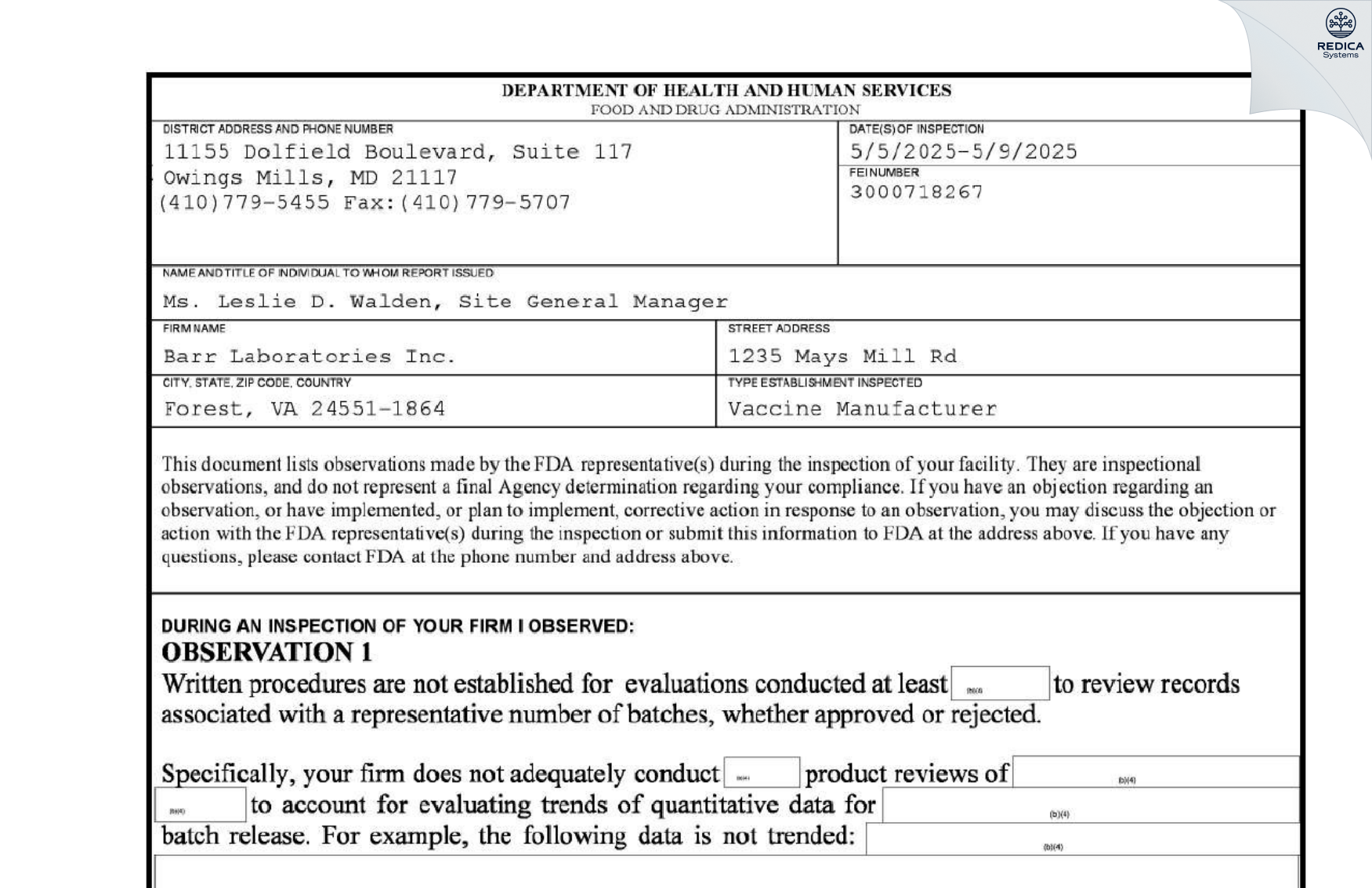 FDA 483 - Barr Laboratories Inc. [Forest / United States of America] - Download PDF - Redica Systems